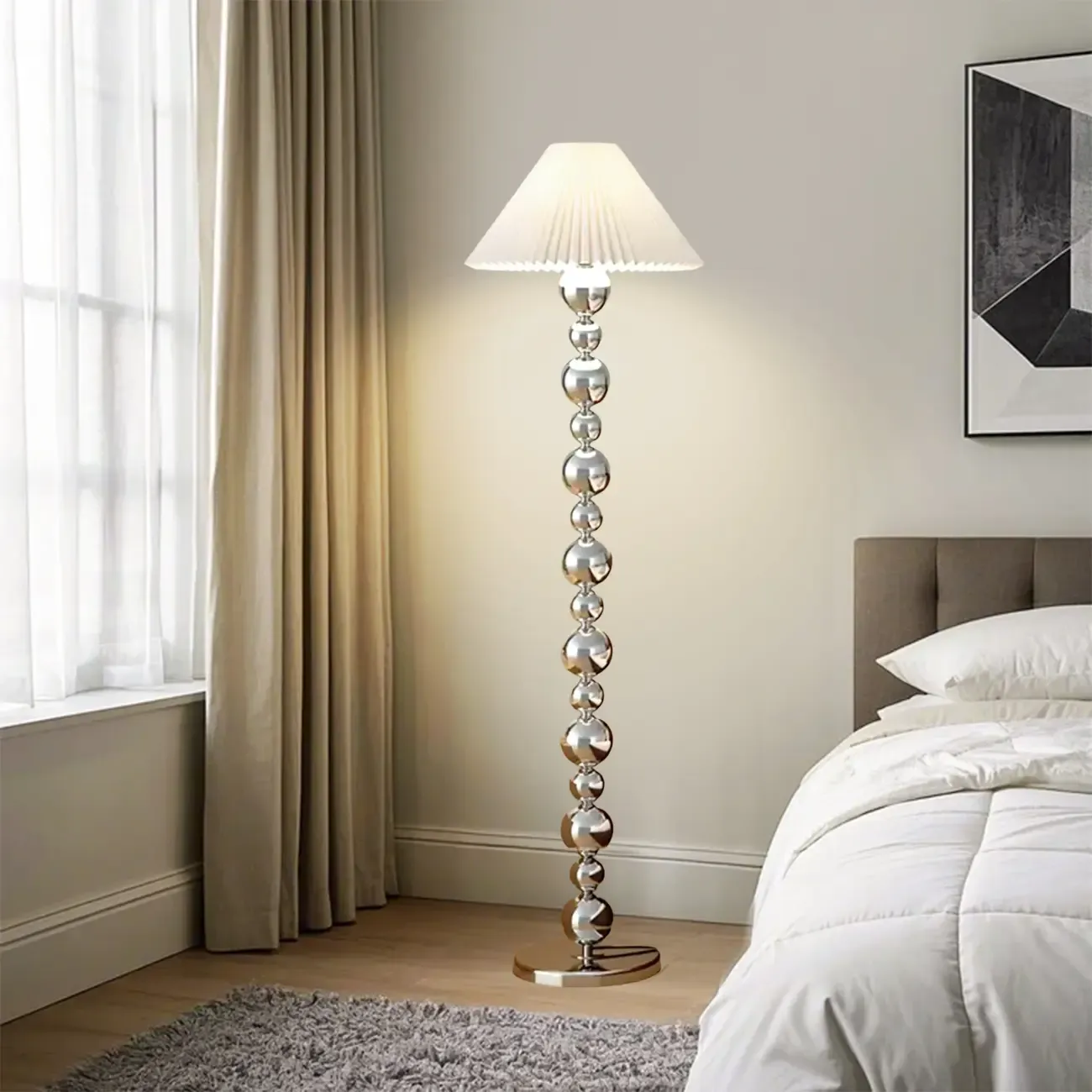 Modern Silver Metal Floor Lamp with Sleek Overlap Bead Design for Bedroom Image - 1