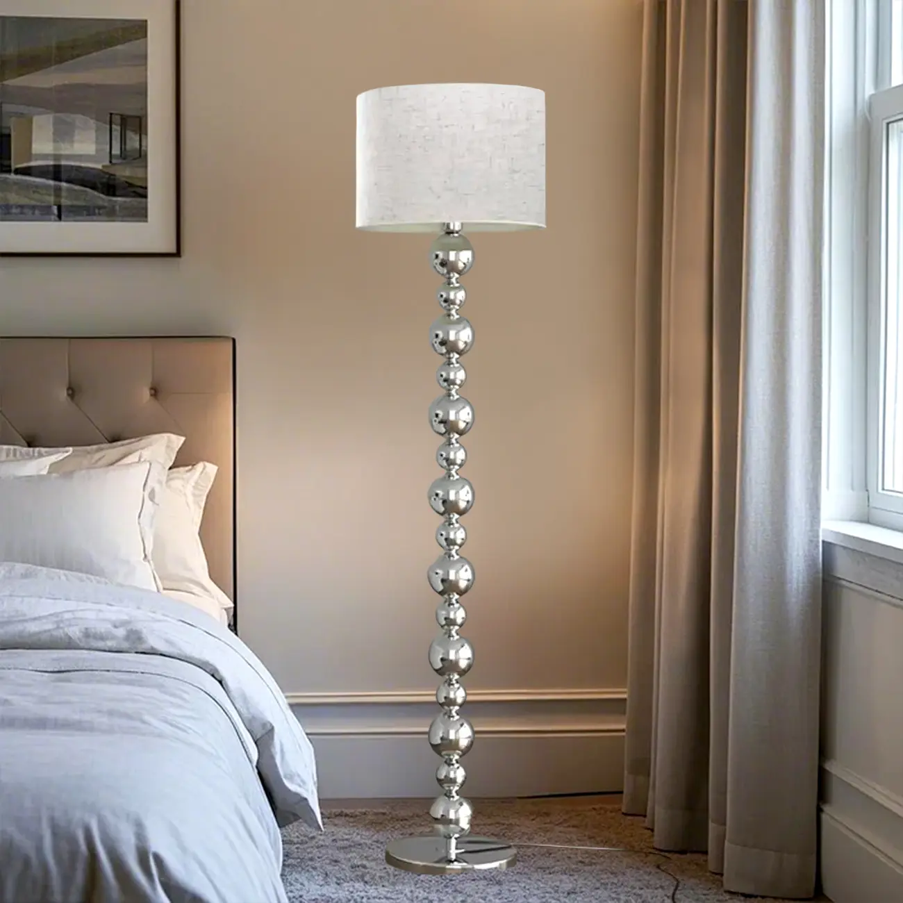 Modern Silver Metal Floor Lamp with Sleek Overlap Bead Design for Bedroom Image - 2 | homeyfad