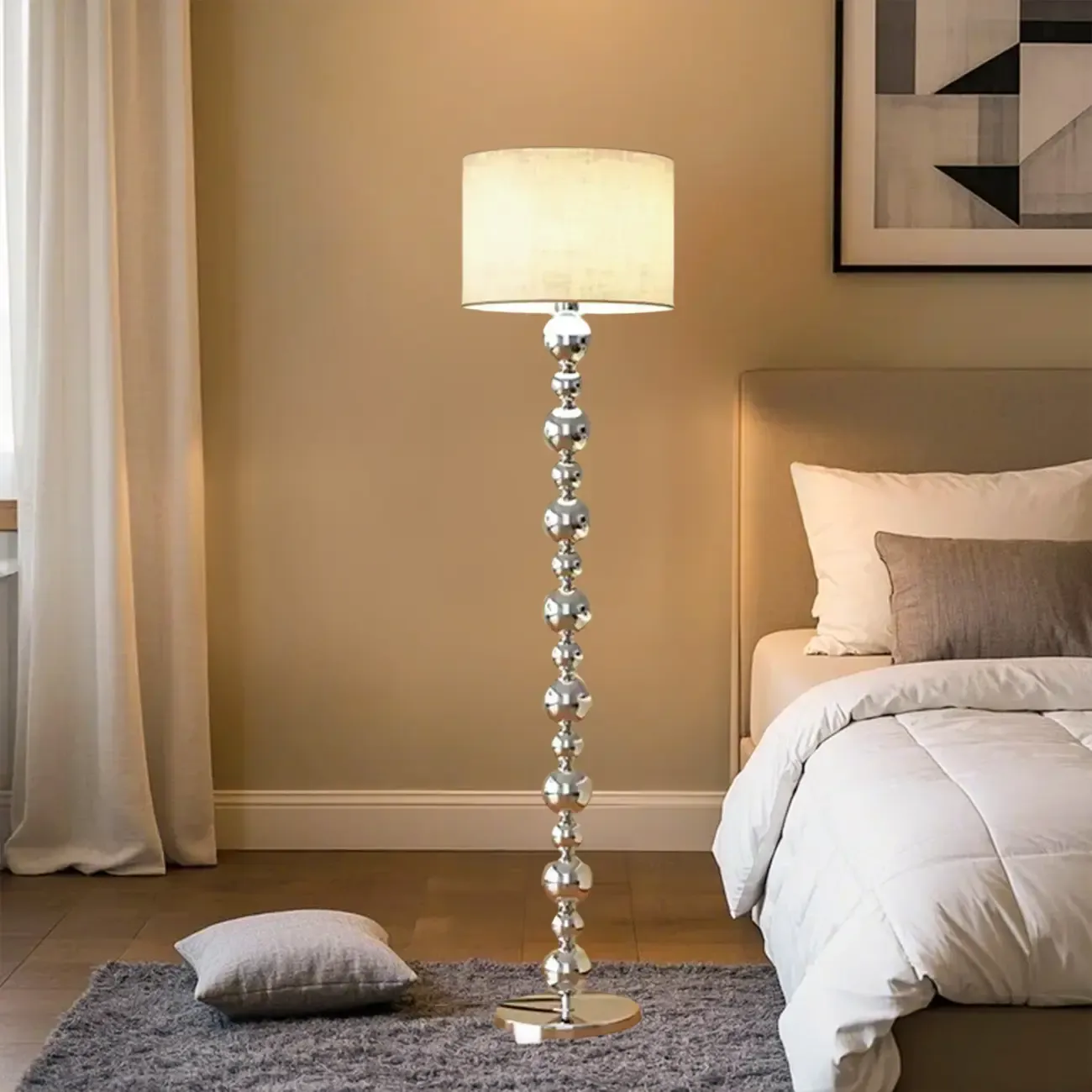 Modern Silver Metal Floor Lamp with Sleek Overlap Bead Design for Bedroom Image - 3