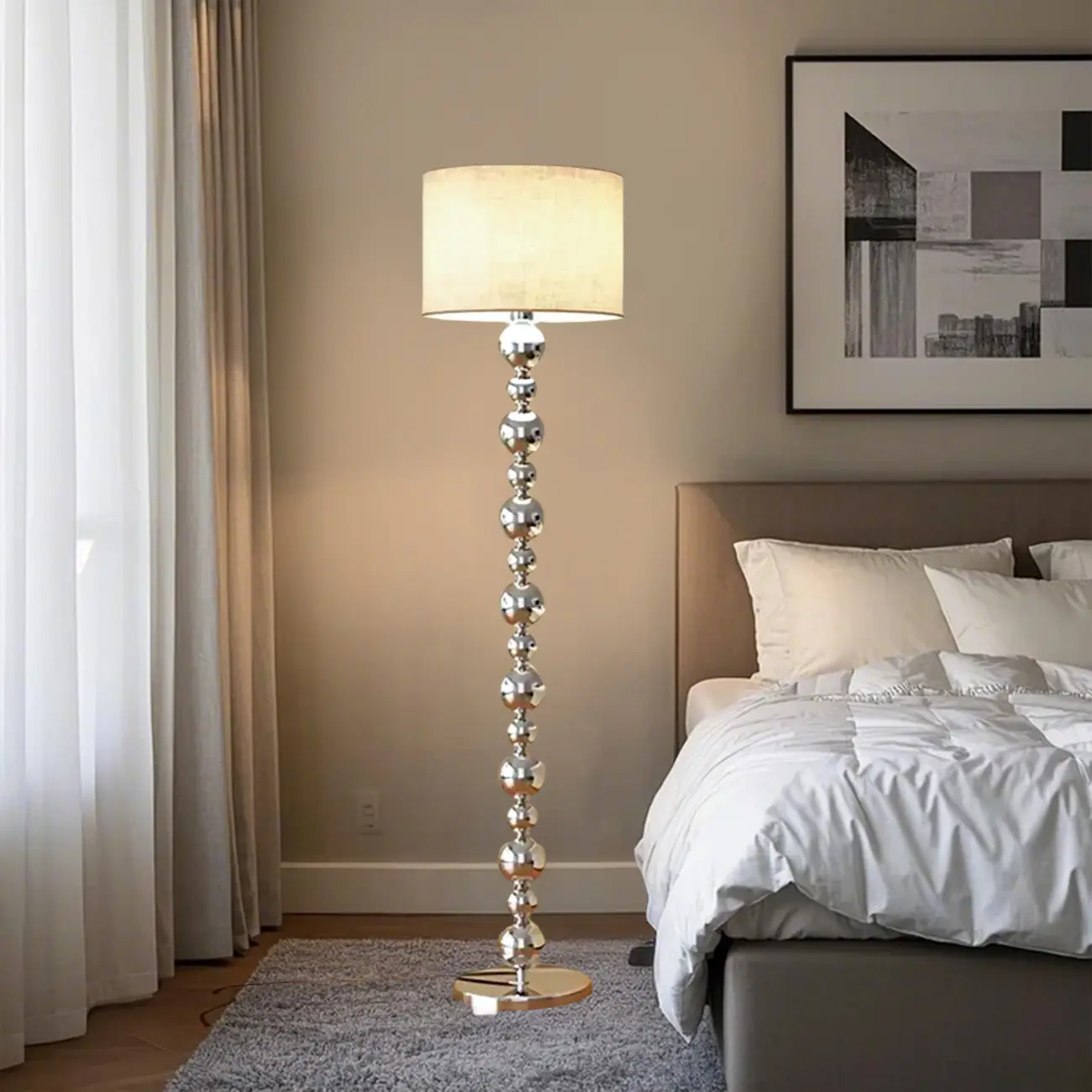 Modern Silver Metal Floor Lamp with Sleek Overlap Bead Design for Bedroom Image - 4 | homeyfad