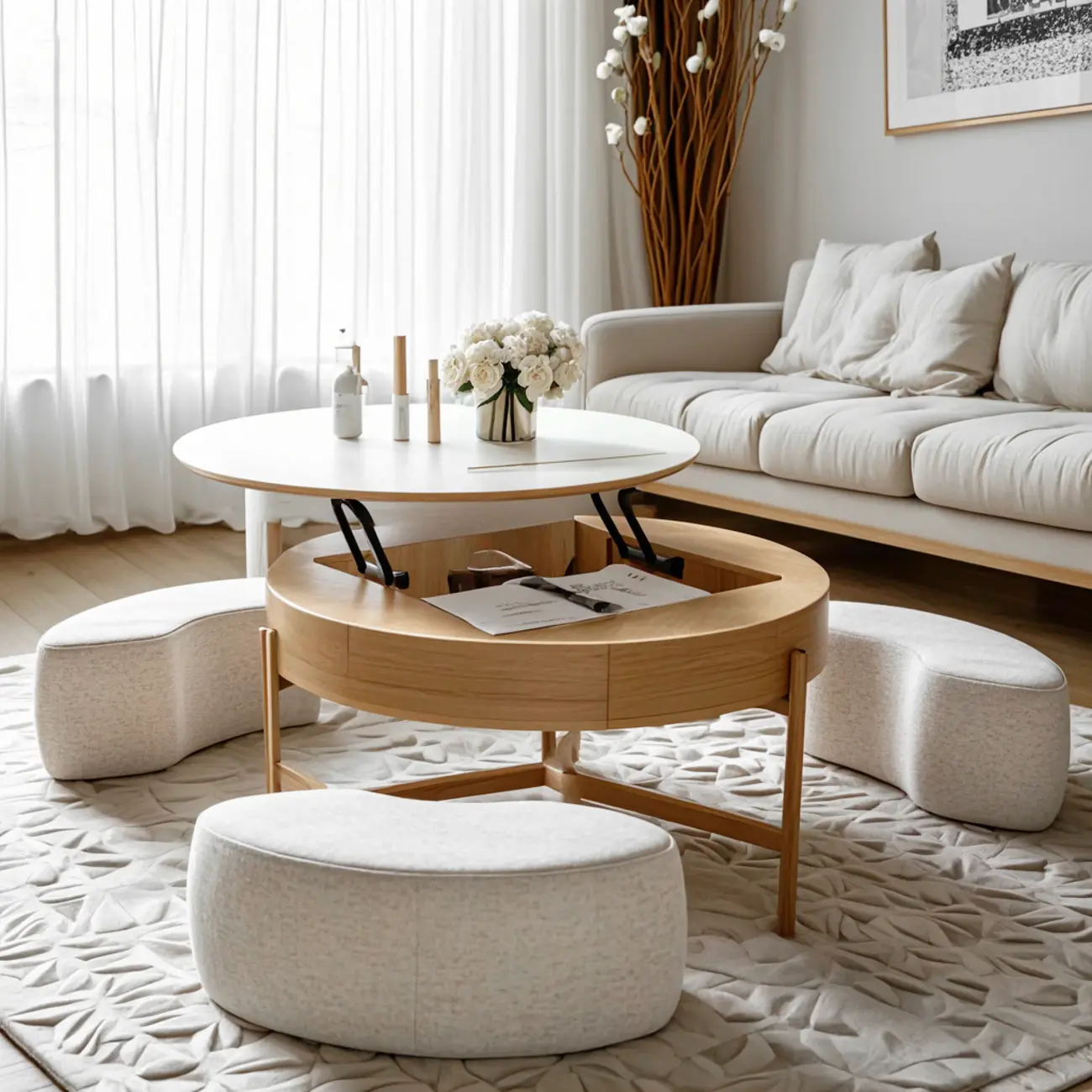 Natural Round Lift-Top Stone Wood Coffee Table with Storage Image - 1 | homeyfad