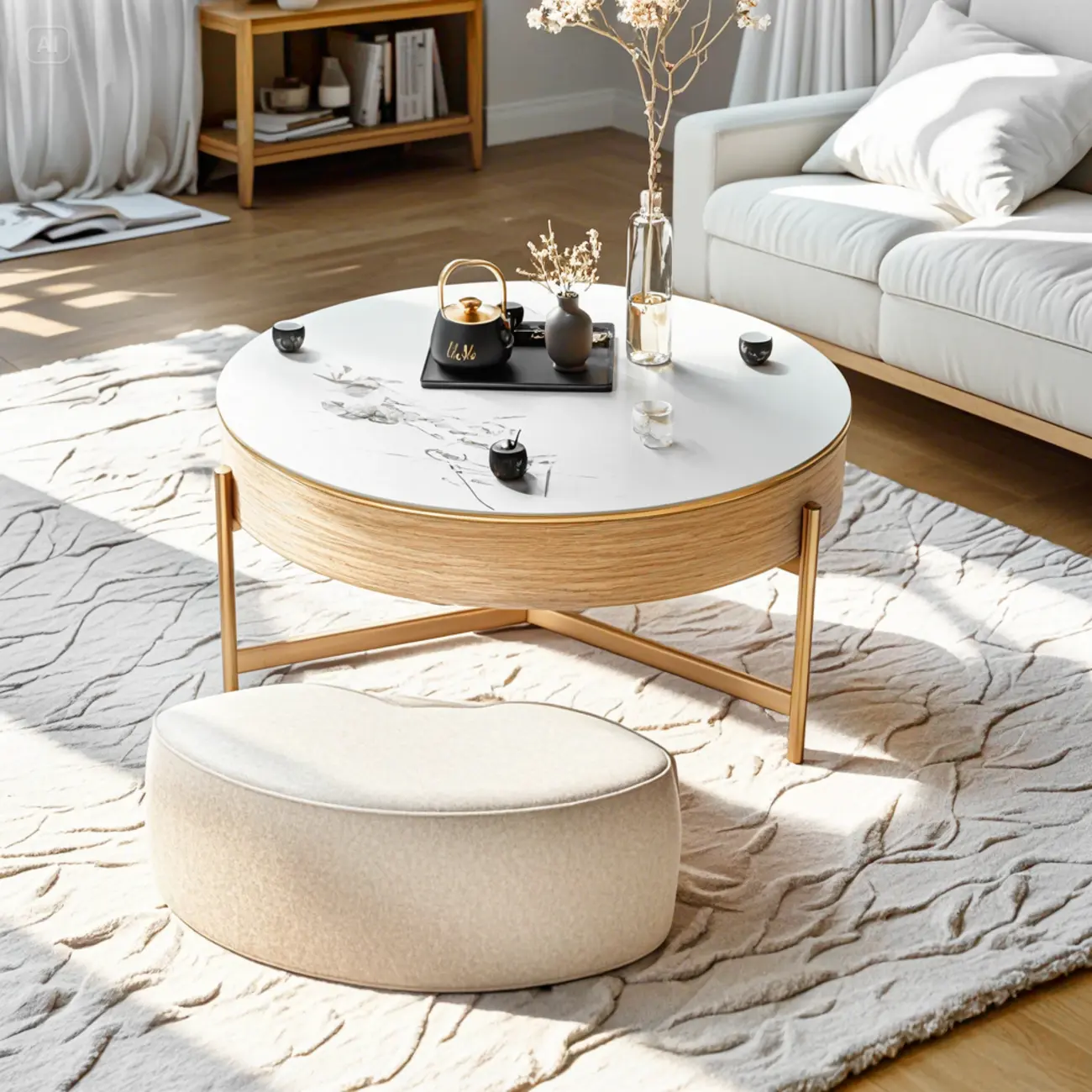 Natural Round Lift-Top Stone Wood Coffee Table with Storage Image - 3 | homeyfad