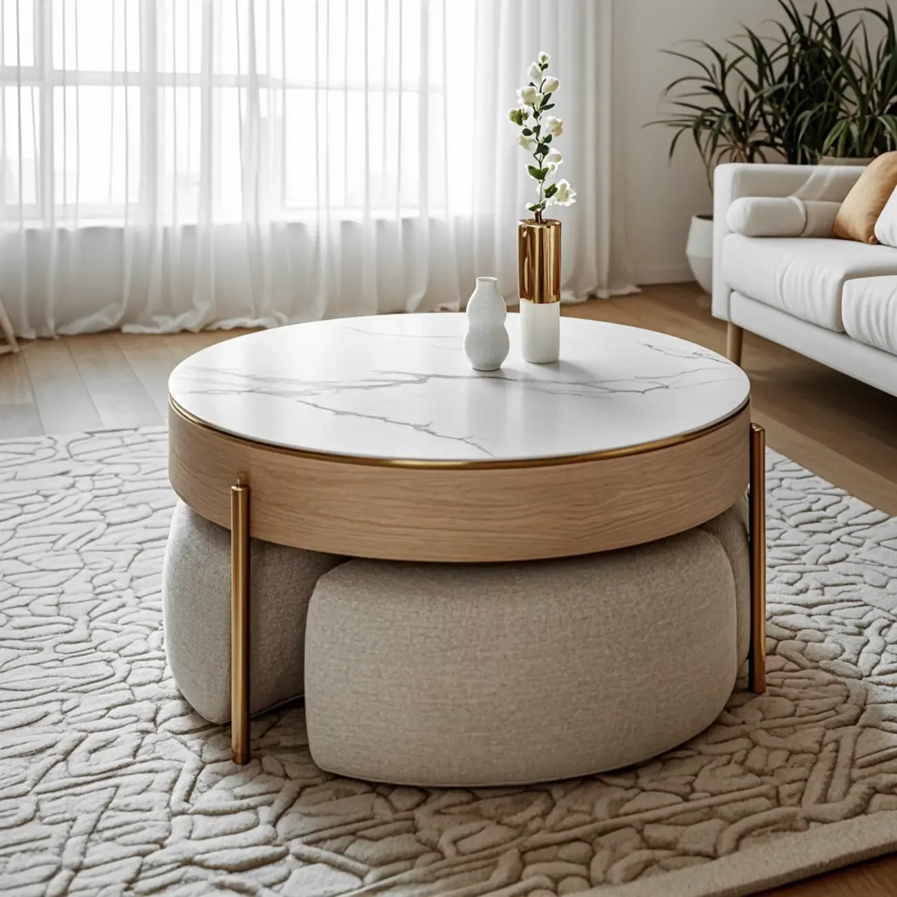 Natural Round Lift-Top Stone Wood Coffee Table with Storage Image - 4