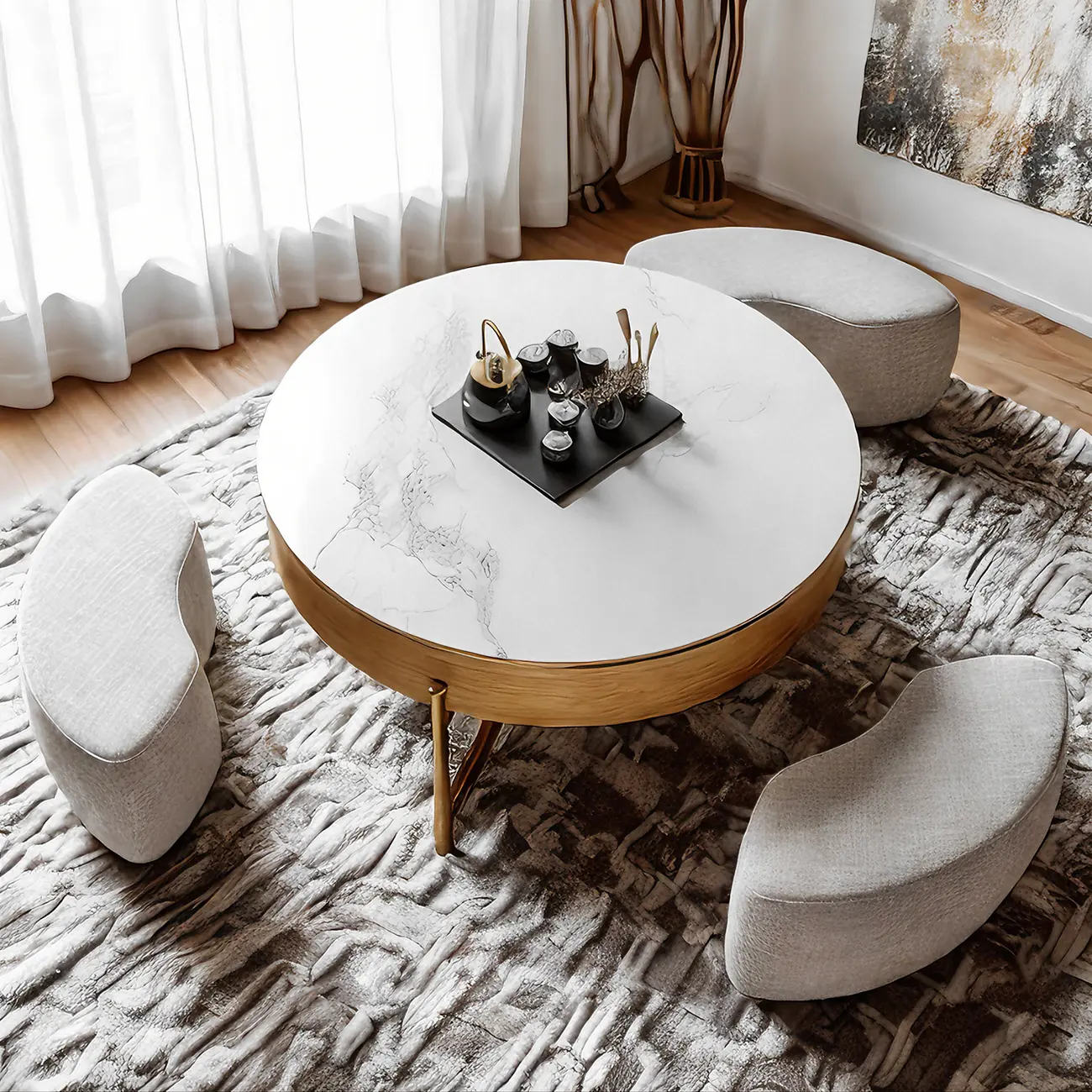 Natural Round Lift-Top Stone Wood Coffee Table with Storage Image - 2 | homeyfad