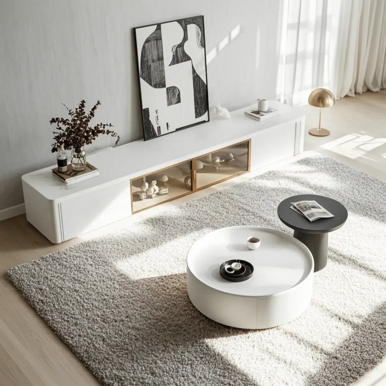 White Tray Top Stylish Round Wood Drawer Coffee Table Image - 3