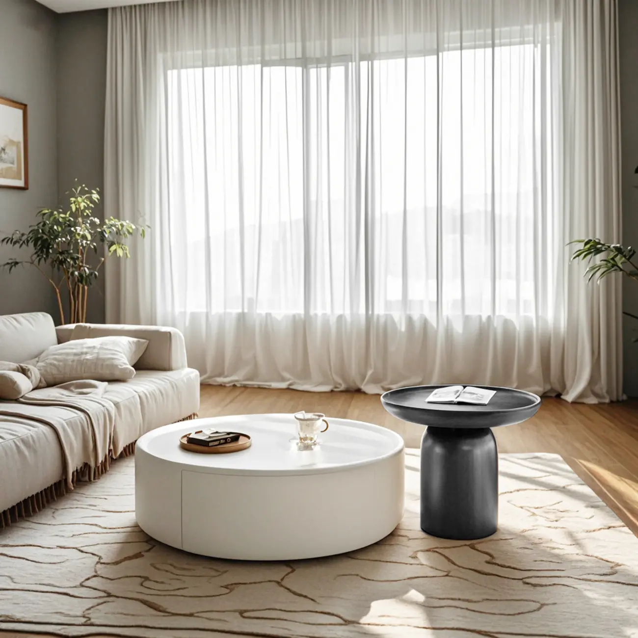 White Tray Top Stylish Round Wood Drawer Coffee Table Image - 5 | homeyfad