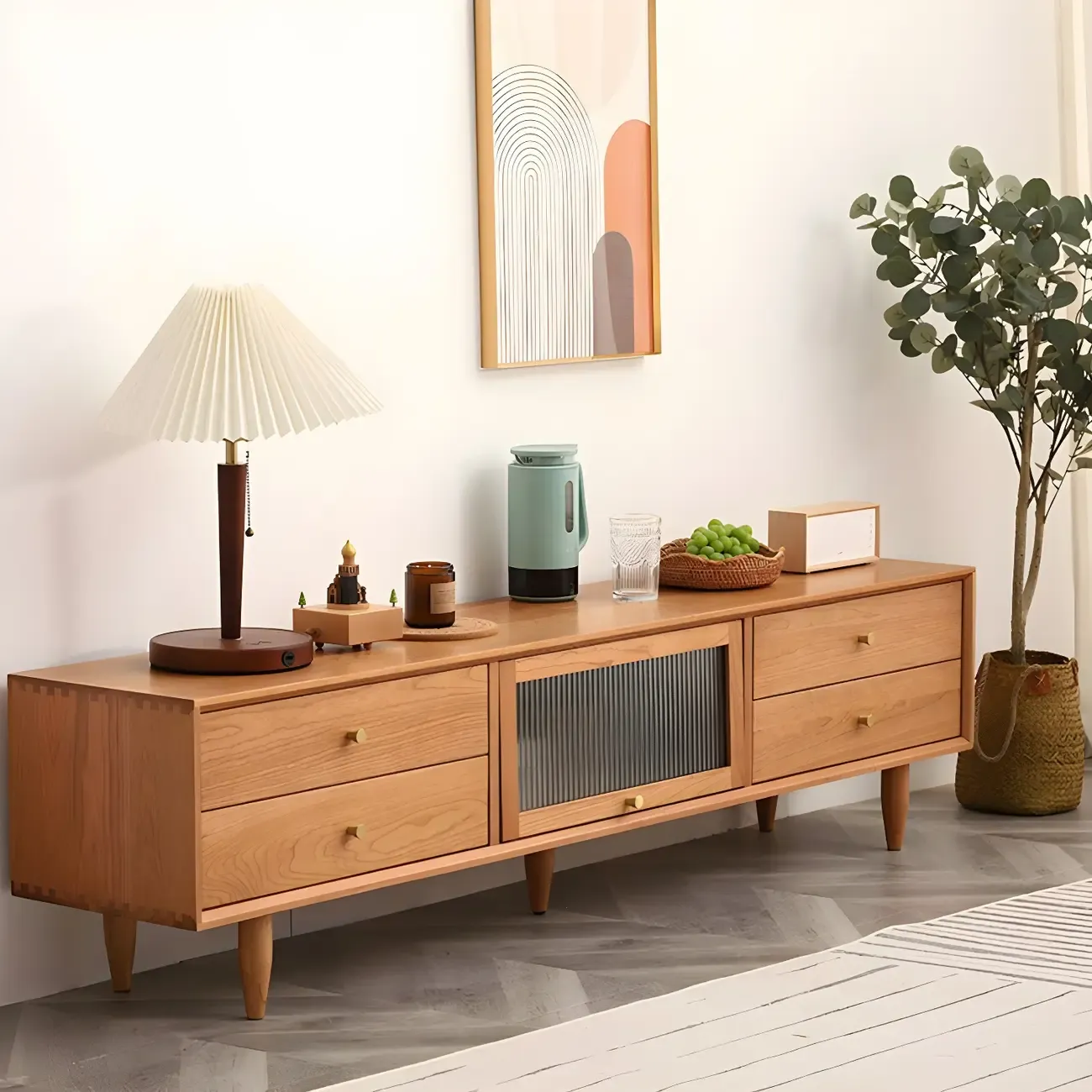 Durable Cherry Wooden TV Stand with Drawers for Living Room Image - 2