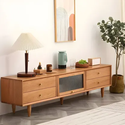 Durable Cherry Wooden TV Stand with Drawers for Living Room Image - 2