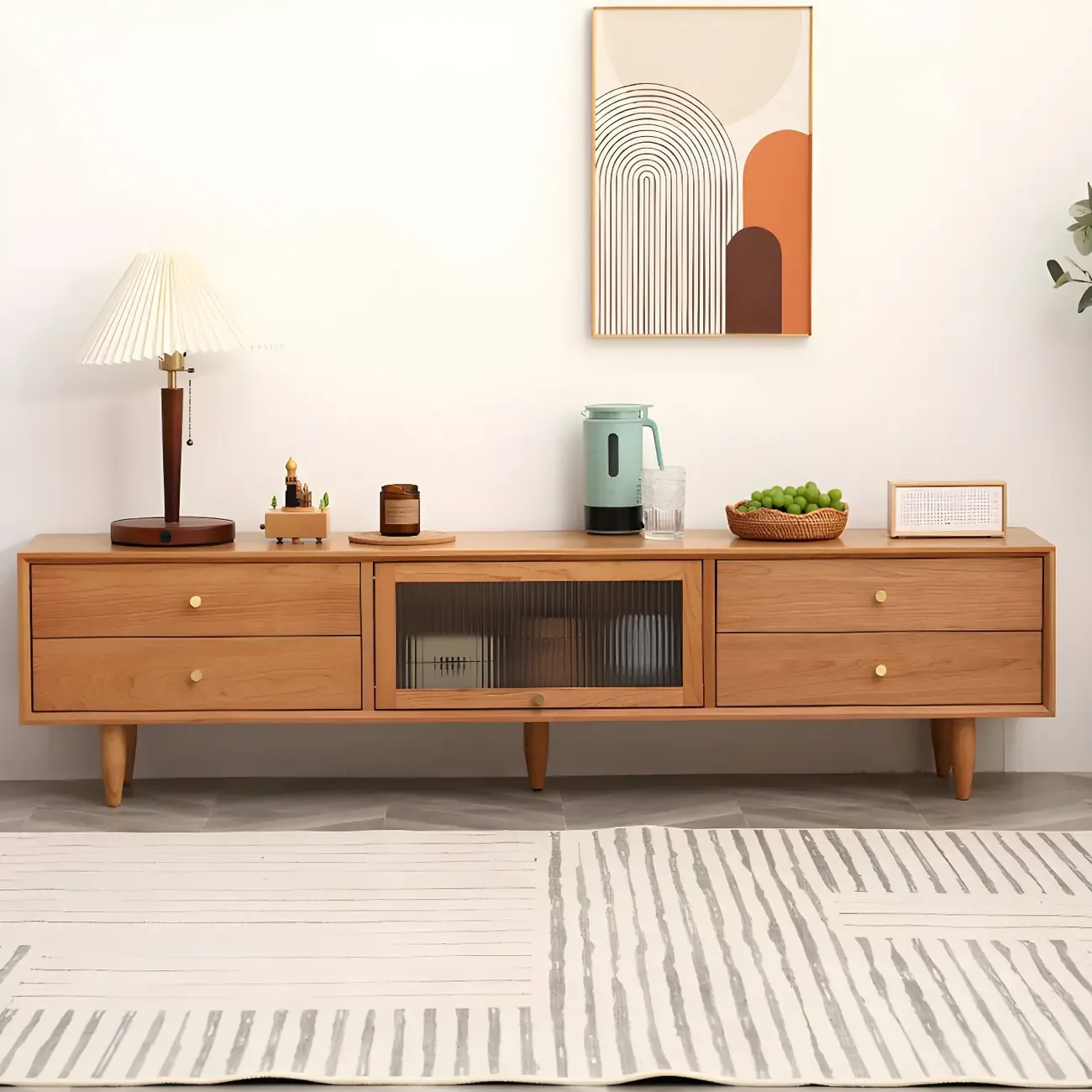 Durable Cherry Wooden TV Stand with Drawers for Living Room Image - 1