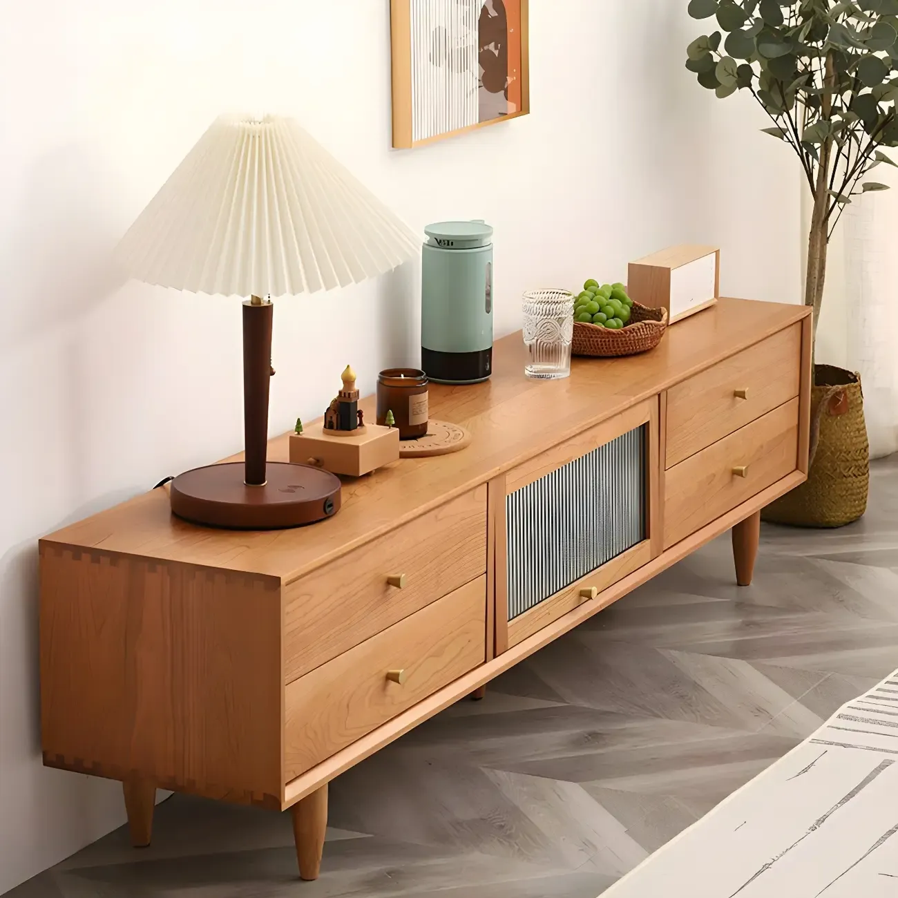 Durable Cherry Wooden TV Stand with Drawers for Living Room Image - 5