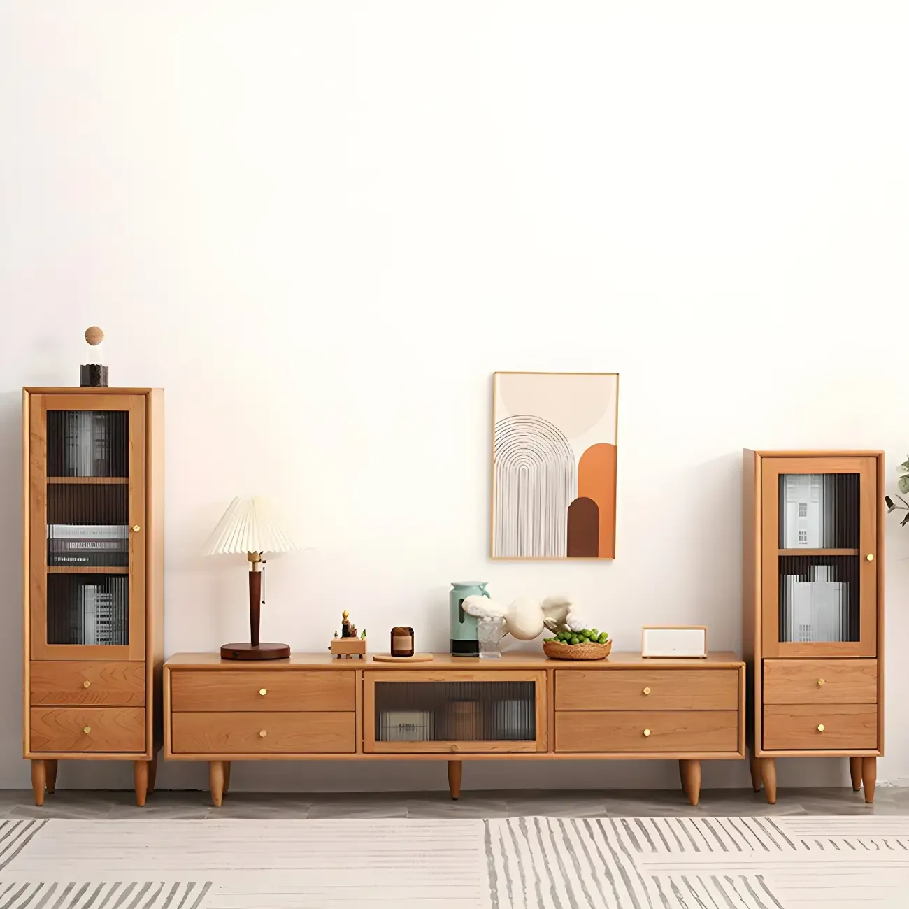 Durable Cherry Wooden TV Stand with Drawers for Living Room Image - 6