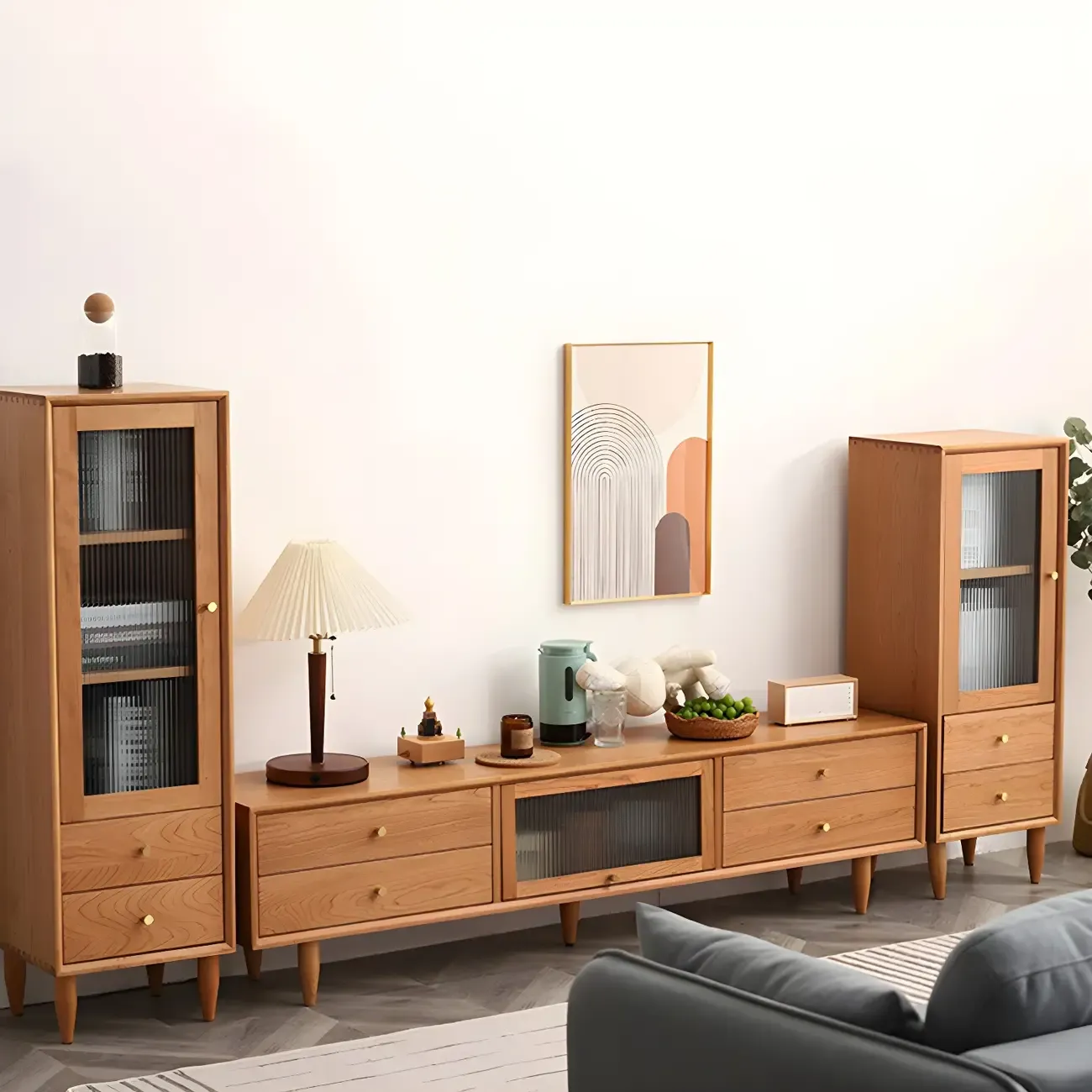 Durable Cherry Wooden TV Stand with Drawers for Living Room Image - 7