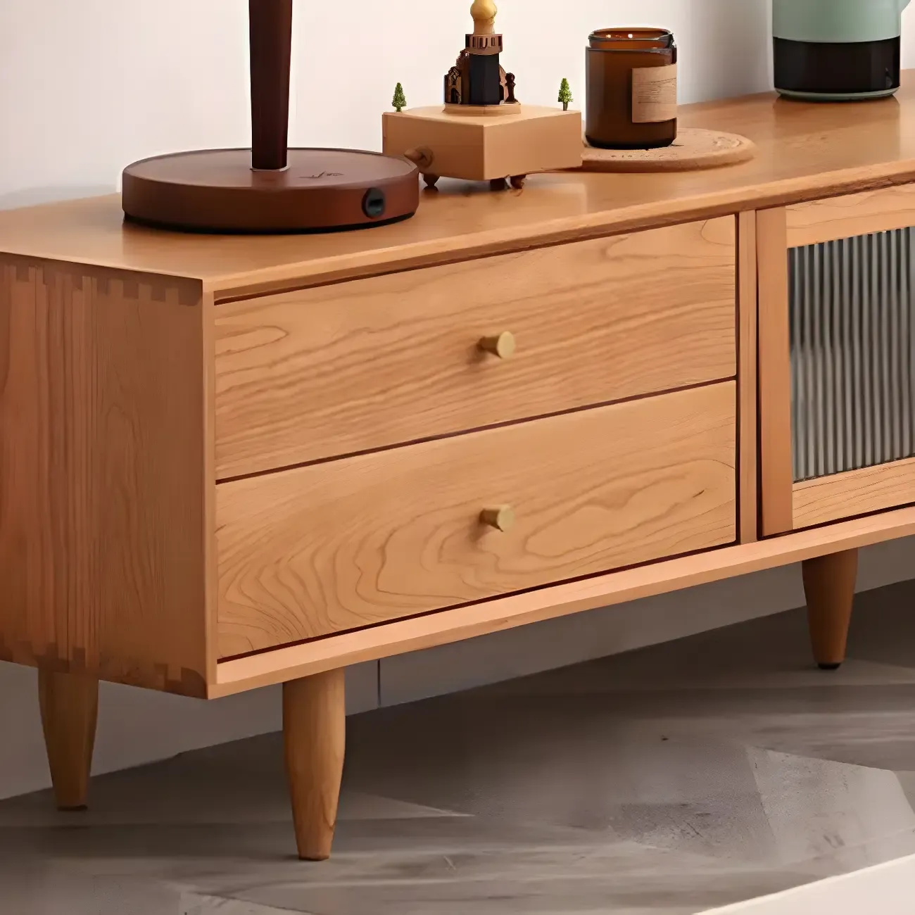 Durable Cherry Wooden TV Stand with Drawers for Living Room Image - 11