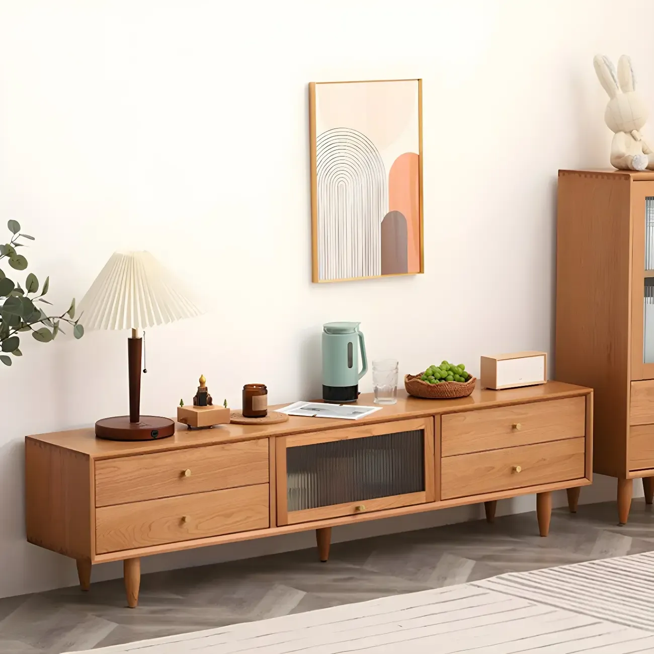 Durable Cherry Wooden TV Stand with Drawers for Living Room Image - 3