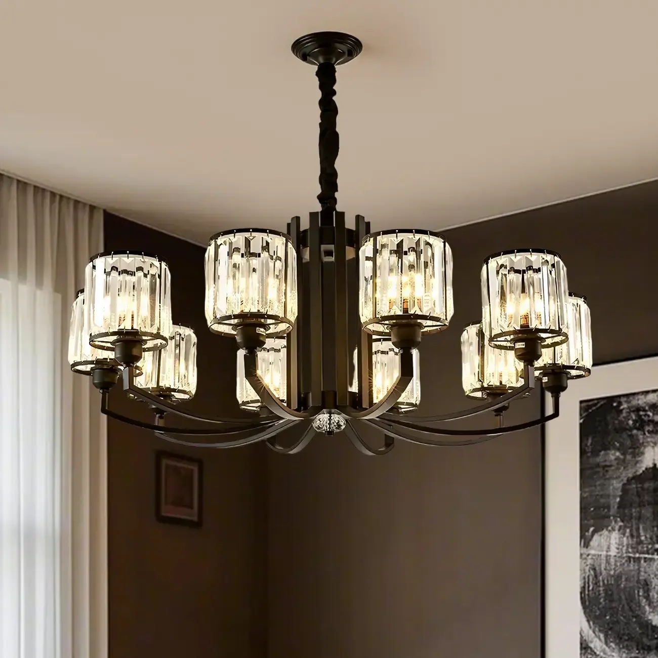 Modern Metal Wheel Shape Cylinder Crystal Chandelier Image - 3