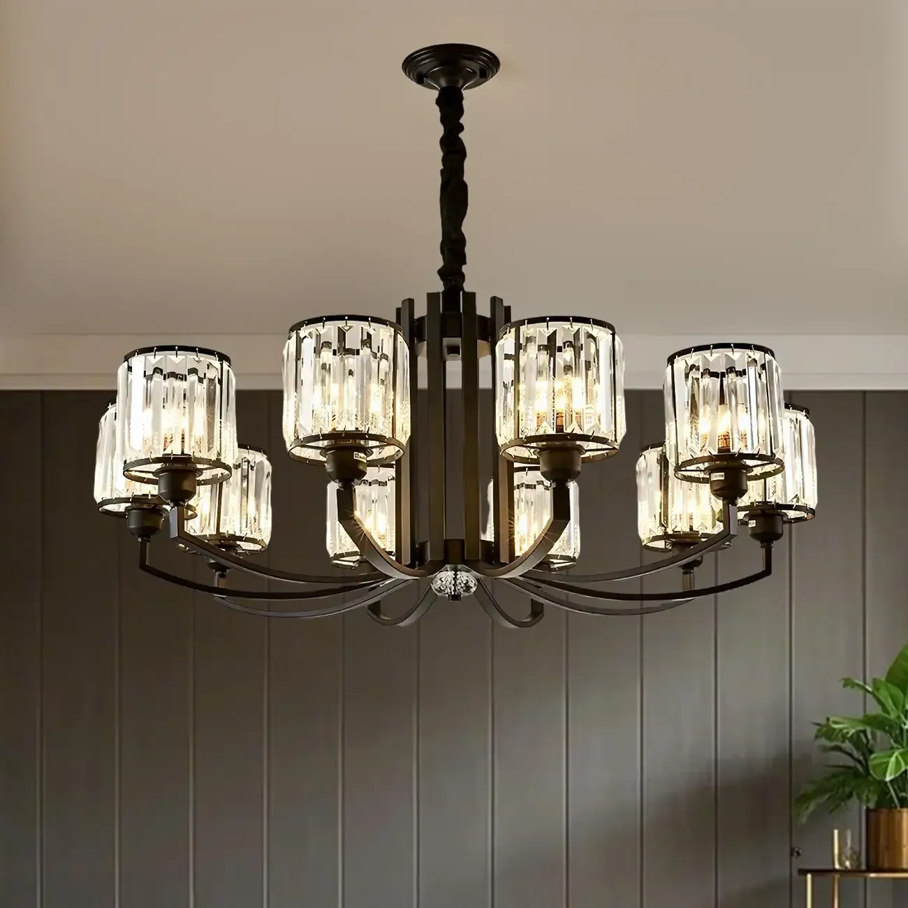 Modern Metal Wheel Shape Cylinder Crystal Chandelier Image - 4