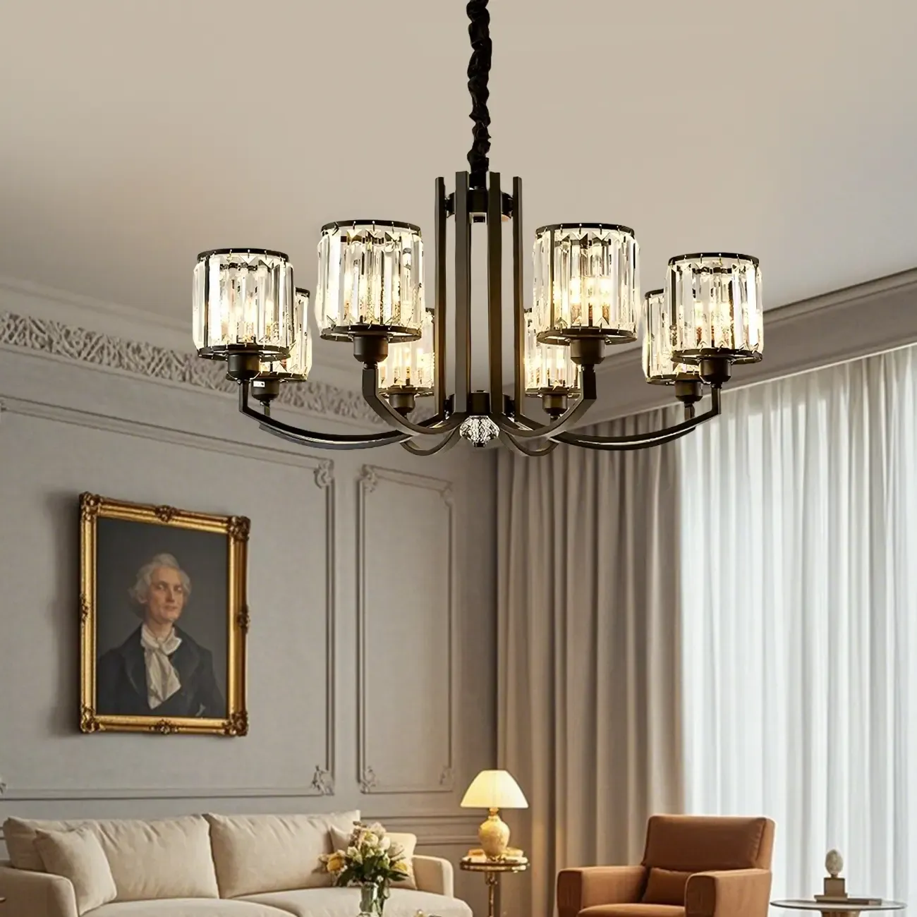 Modern Metal Wheel Shape Cylinder Crystal Chandelier Image - 5