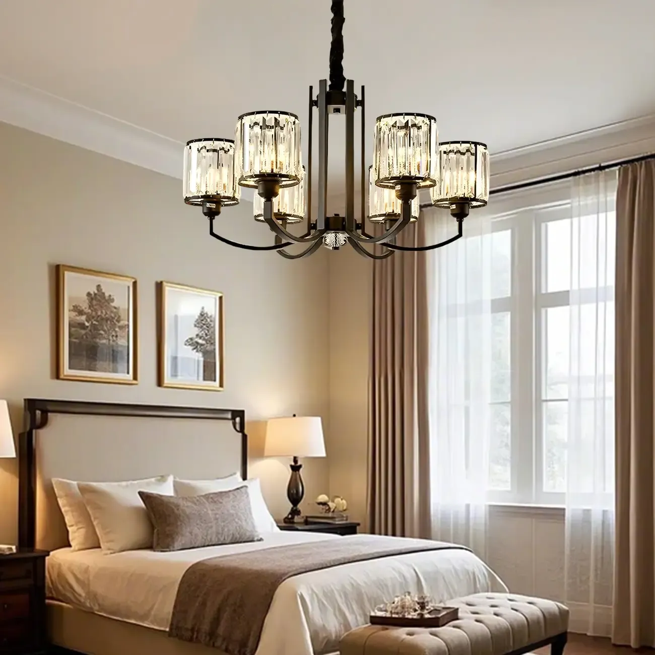 Modern Metal Wheel Shape Cylinder Crystal Chandelier Image - 6