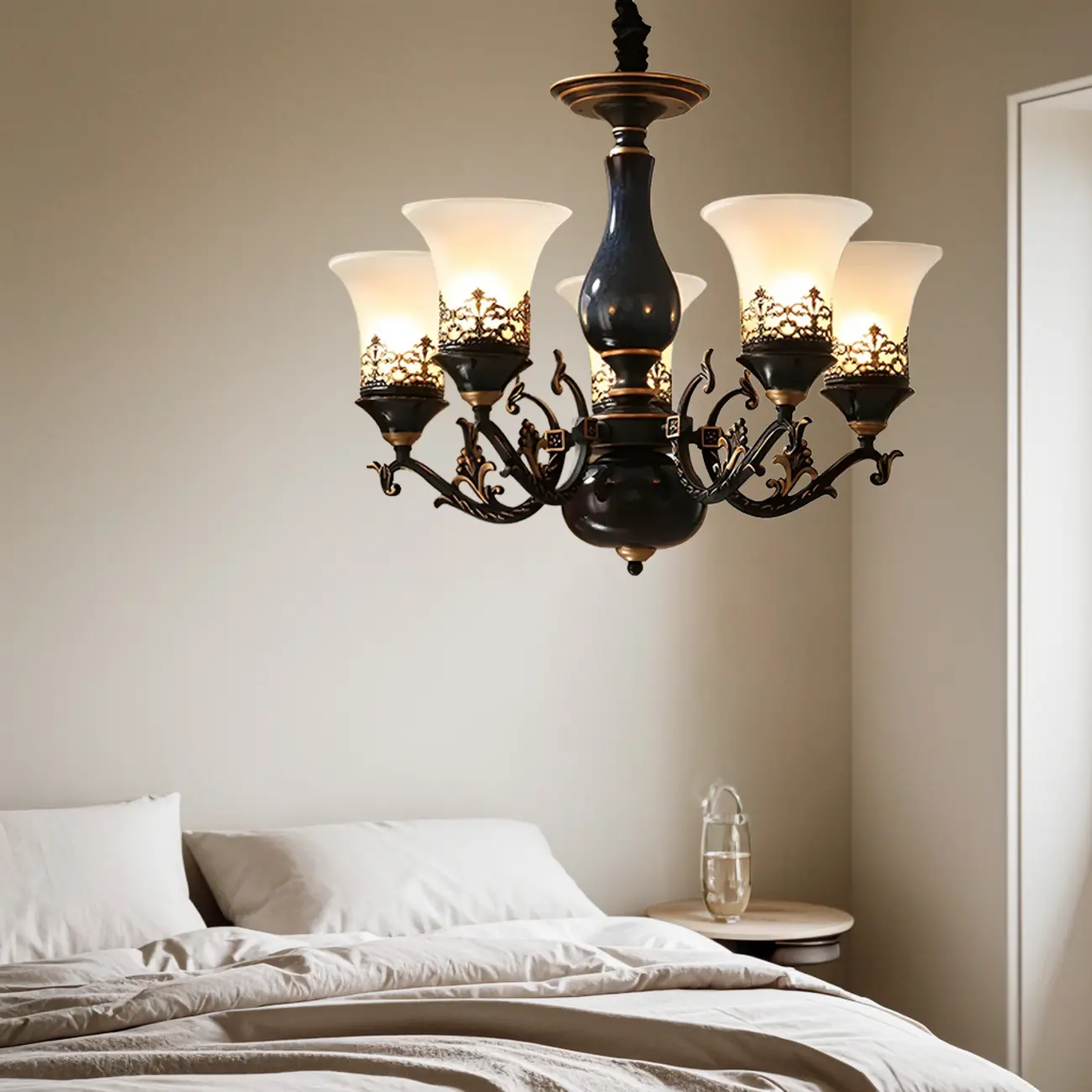 Classic Mid-Century Modern Black Frosted Glass Chandelier Image - 1 | homeyfad