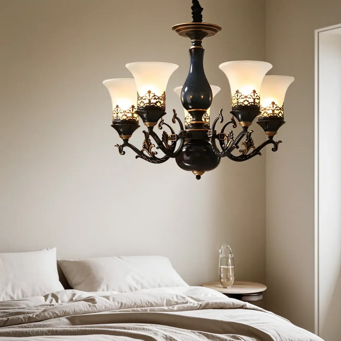 Classic Mid-Century Modern Black Frosted Glass Chandelier Image - 1