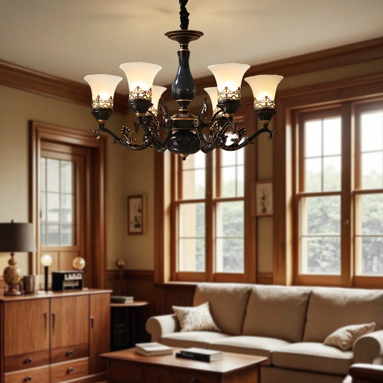 Classic Mid-Century Modern Black Frosted Glass Chandelier Image - 5 | homeyfad