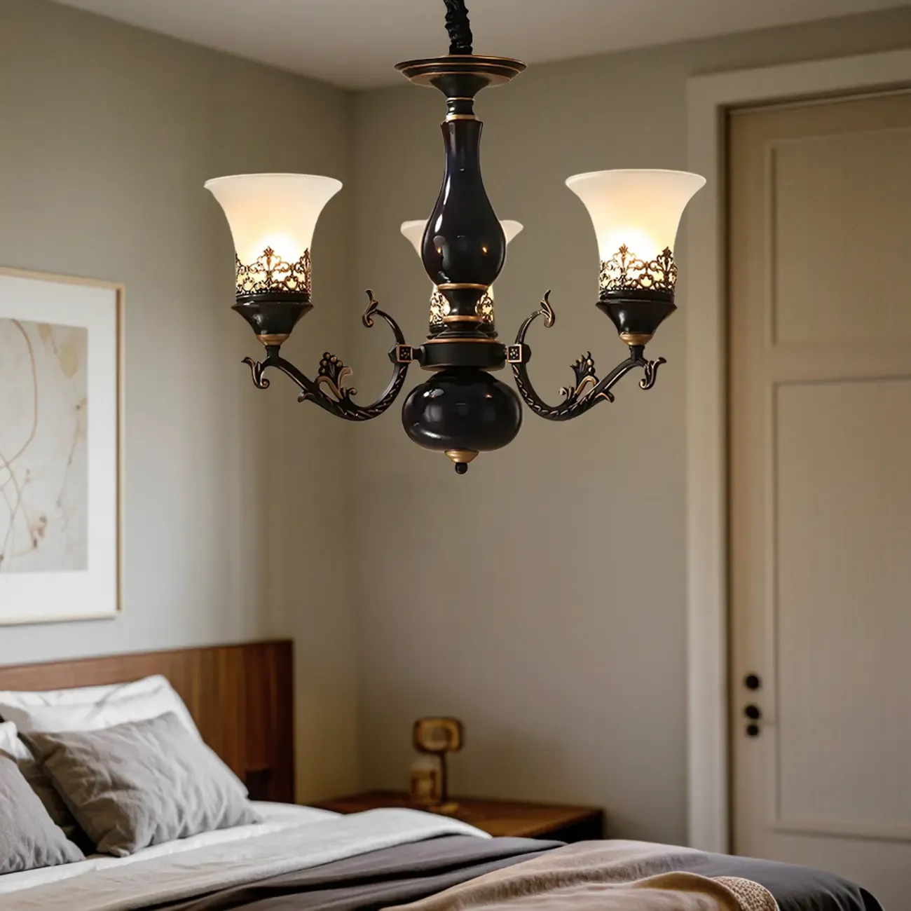 Classic Mid-Century Modern Black Frosted Glass Chandelier Image - 3