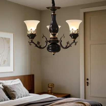 Classic Mid-Century Modern Black Frosted Glass Chandelier Image - 3