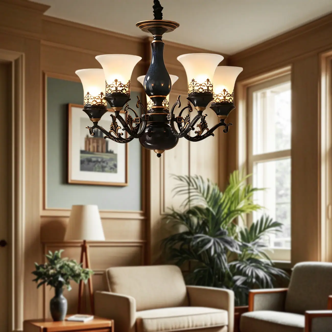 Classic Mid-Century Modern Black Frosted Glass Chandelier Image - 6 | homeyfad