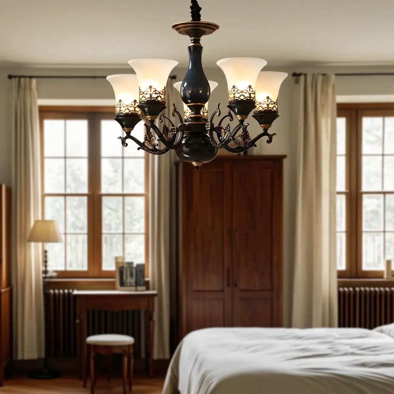 Classic Mid-Century Modern Black Frosted Glass Chandelier Image - 8