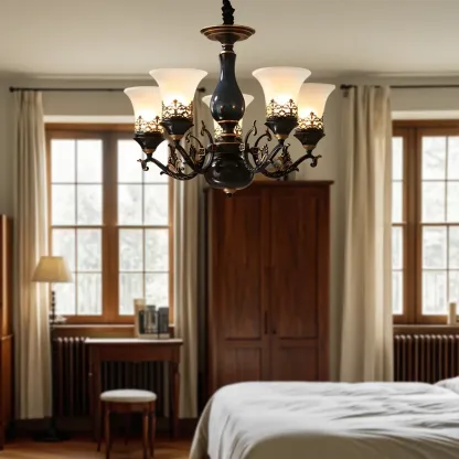 Classic Mid-Century Modern Black Frosted Glass Chandelier Image - 8