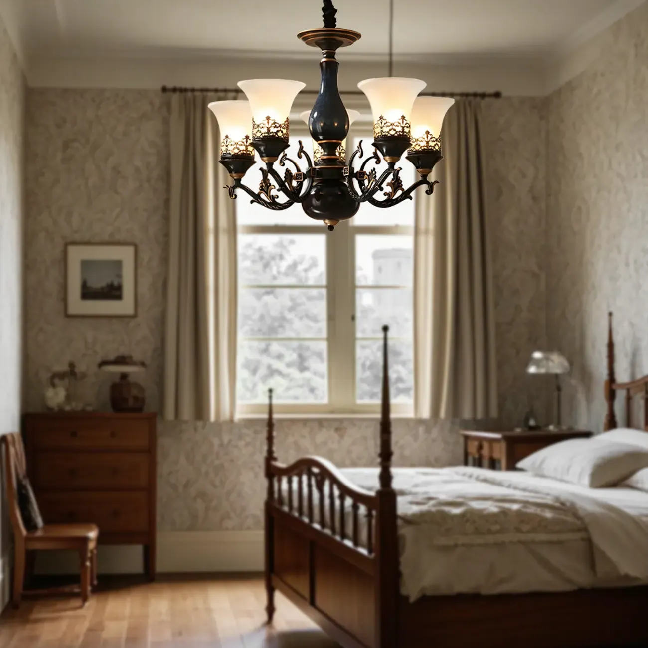 Classic Mid-Century Modern Black Frosted Glass Chandelier Image - 9