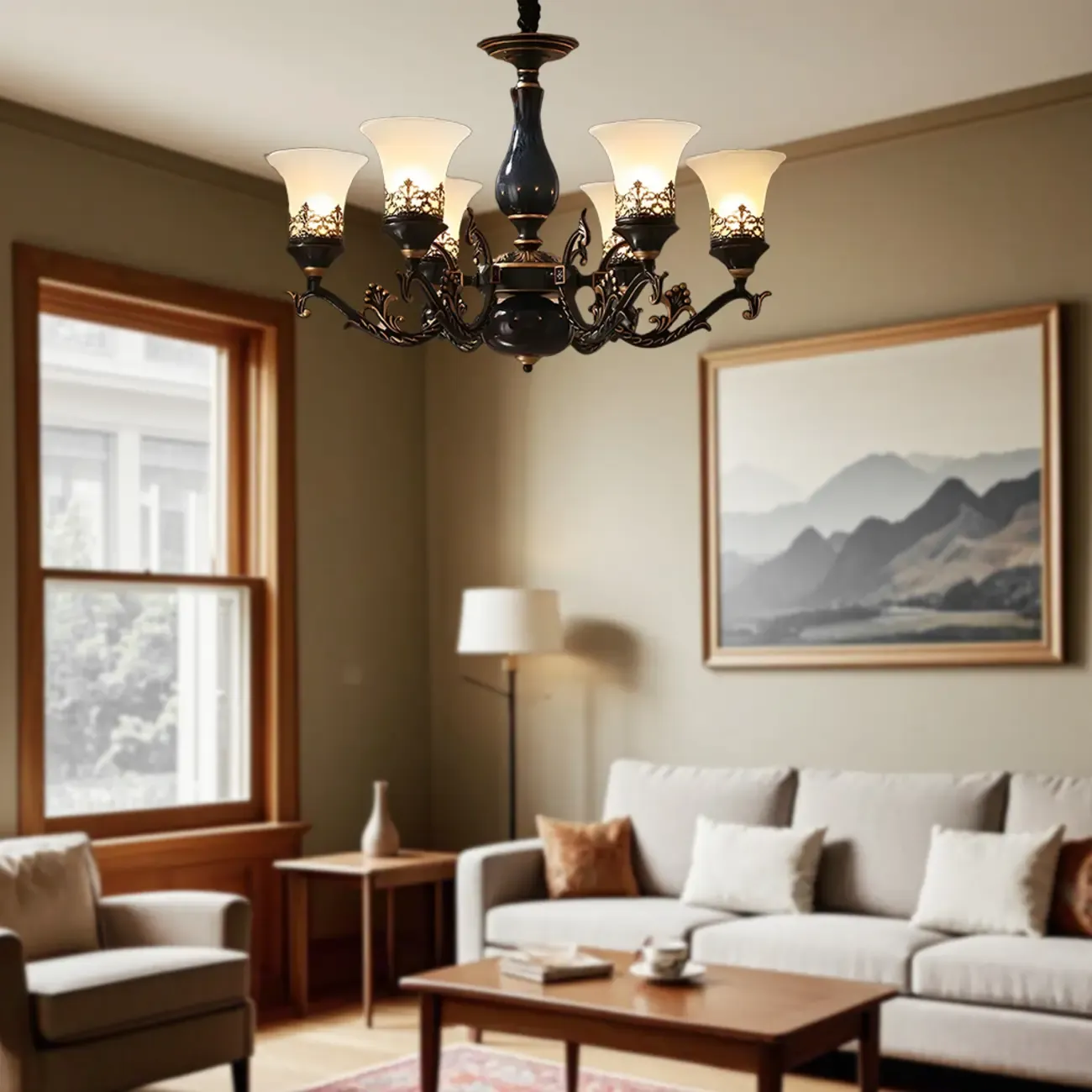 Classic Mid-Century Modern Black Frosted Glass Chandelier Image - 10