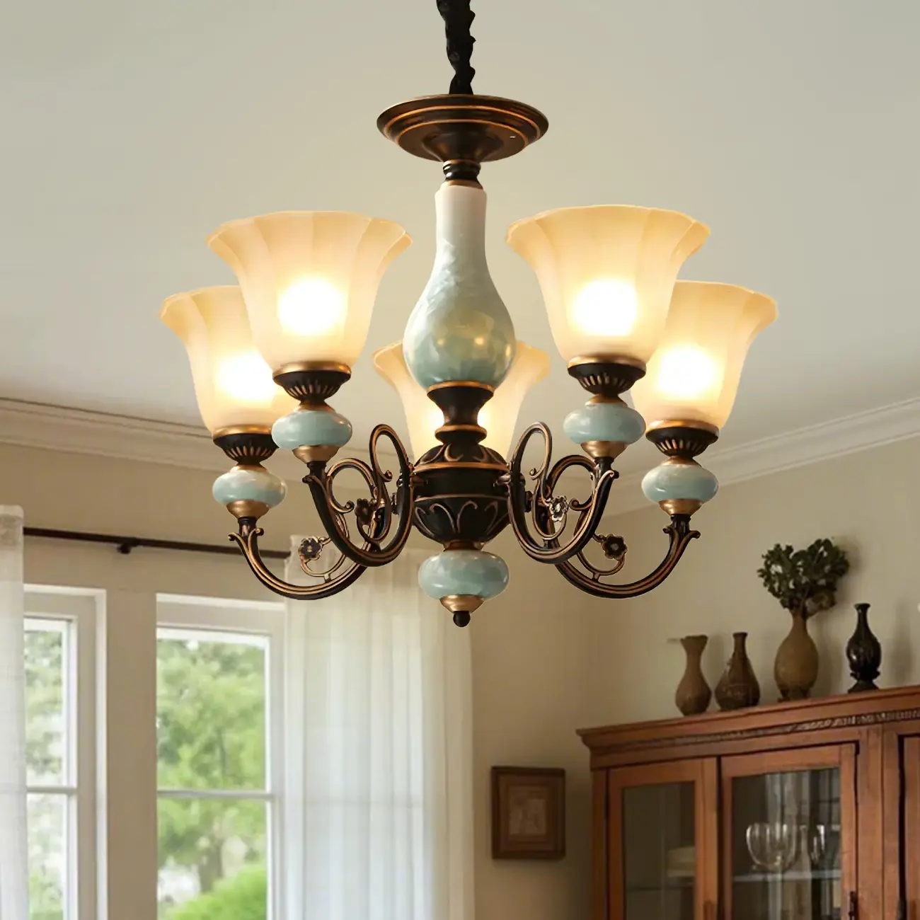 Vintage Rust Green Ceramic Classic Glass Chandelier Image - 6 | homeyfad