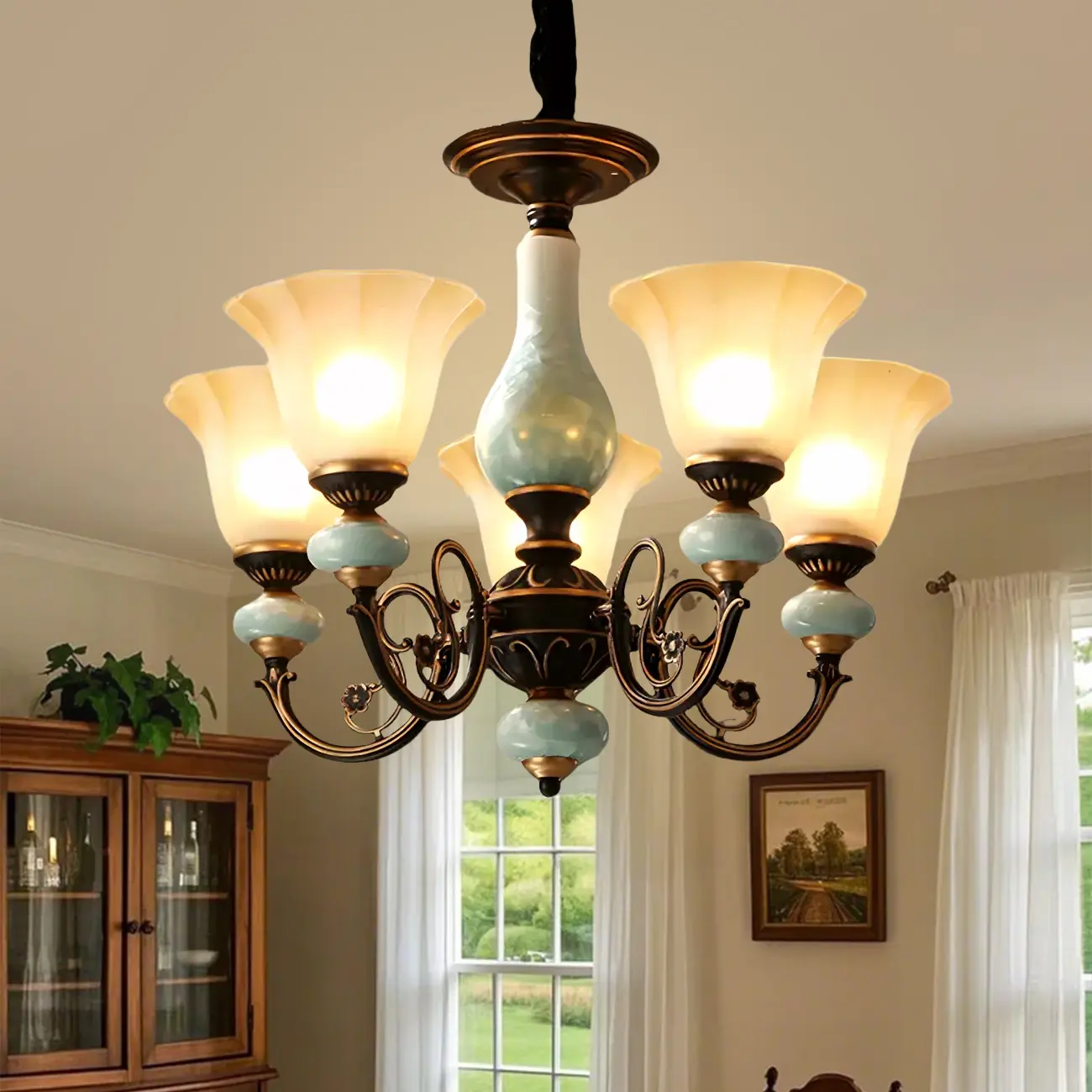 Vintage Rust Green Ceramic Classic Glass Chandelier Image - 5 | homeyfad