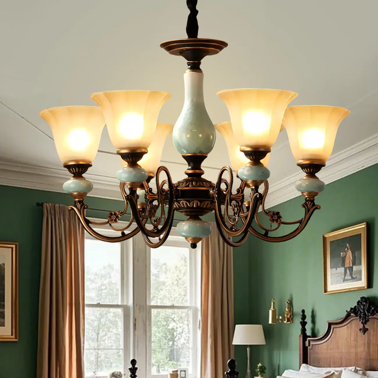 Vintage Rust Green Ceramic Classic Glass Chandelier Image - 2 | homeyfad