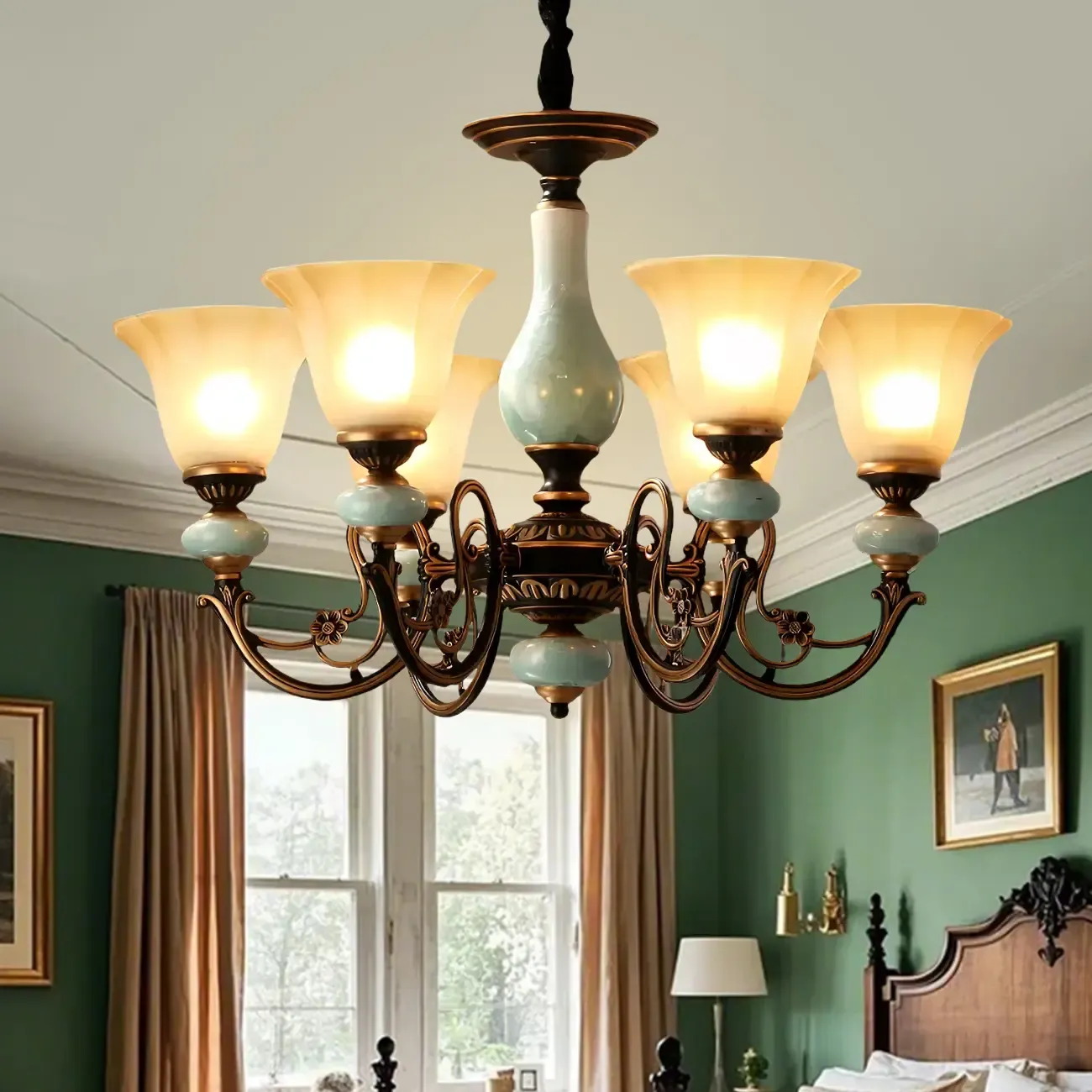 Vintage Rust Green Ceramic Classic Glass Chandelier Image - 2