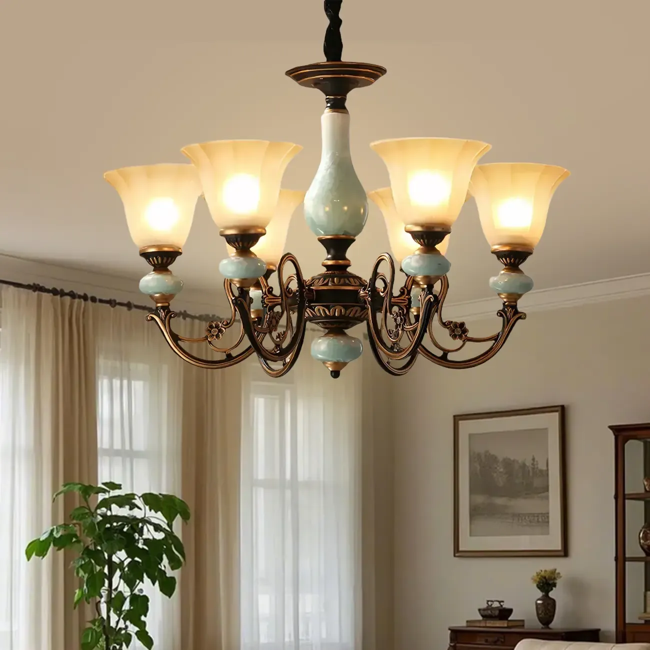 Vintage Rust Green Ceramic Classic Glass Chandelier Image - 4