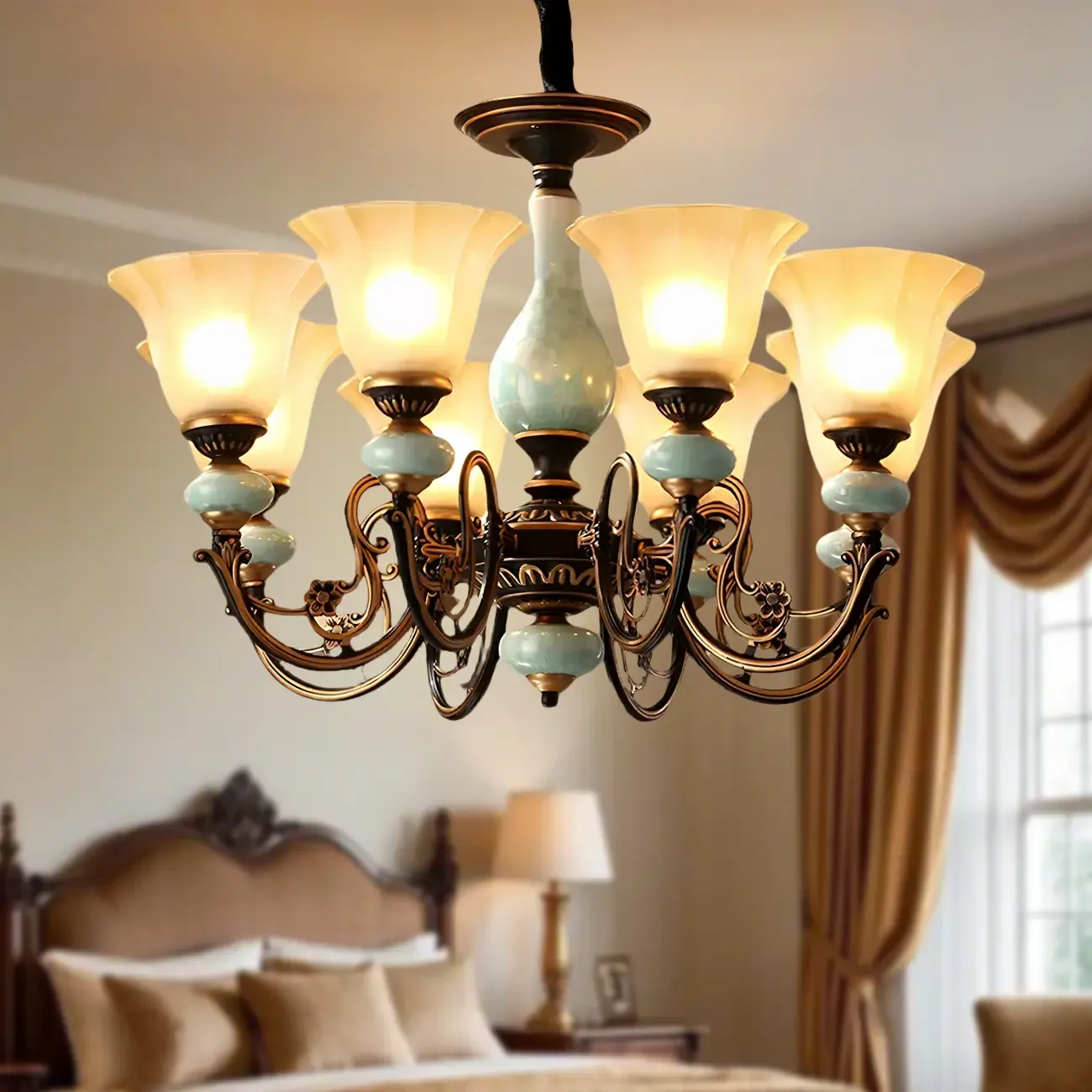 Vintage Rust Green Ceramic Classic Glass Chandelier Image - 1