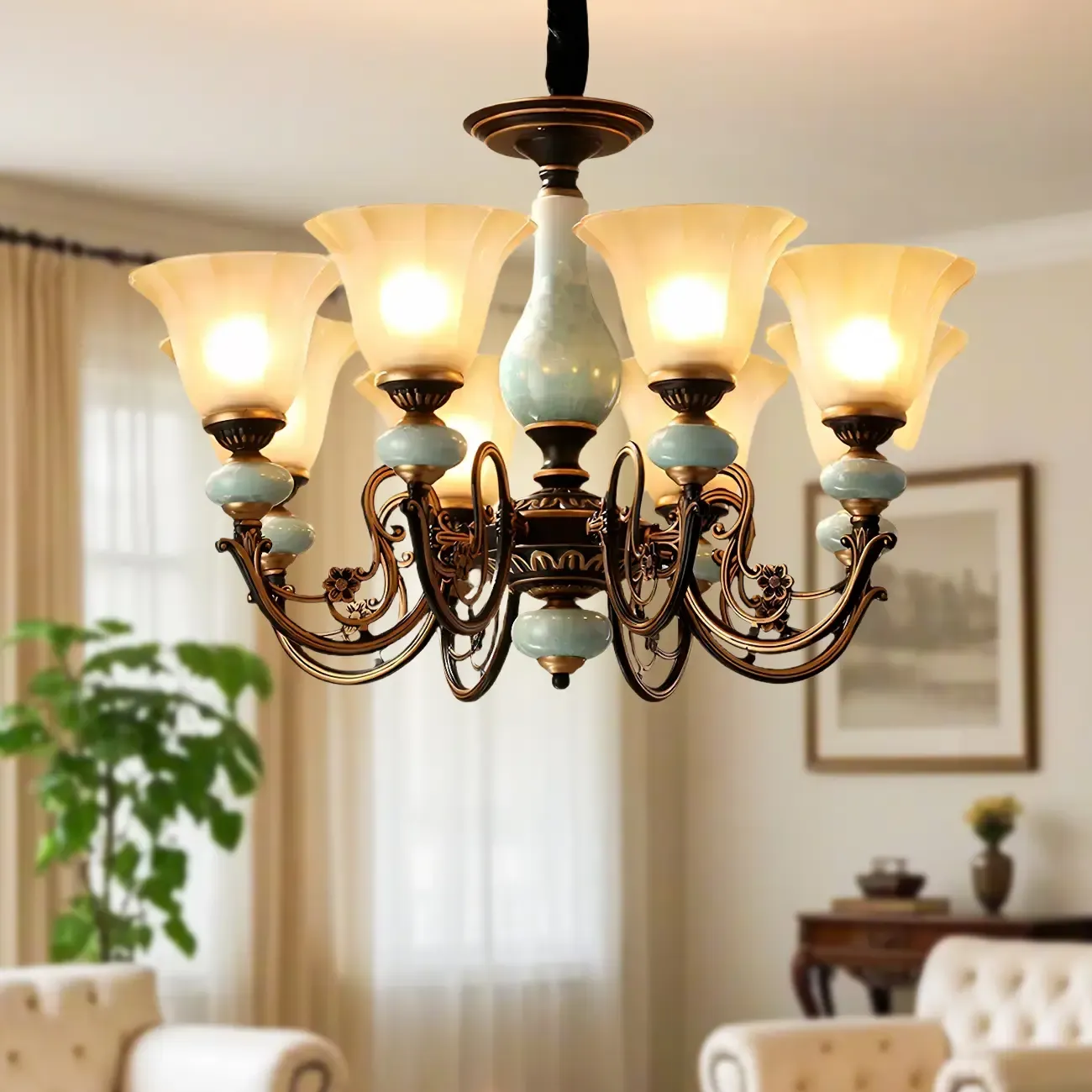 Vintage Rust Green Ceramic Classic Glass Chandelier Image - 3