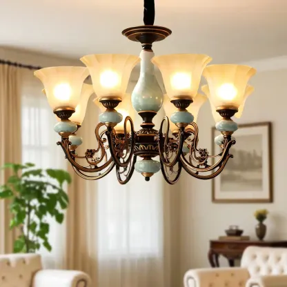 Vintage Rust Green Ceramic Classic Glass Chandelier Image - 3