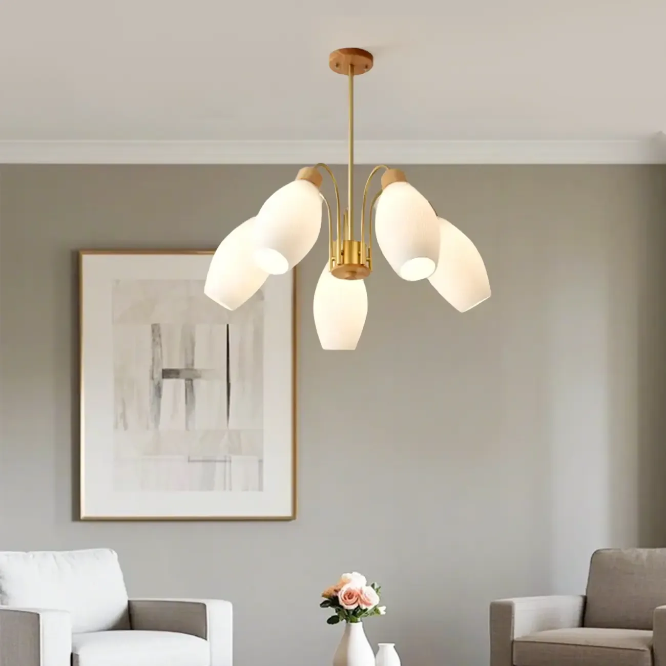 Modern Adjustable White Chandelier with Glass Shades Image - 3