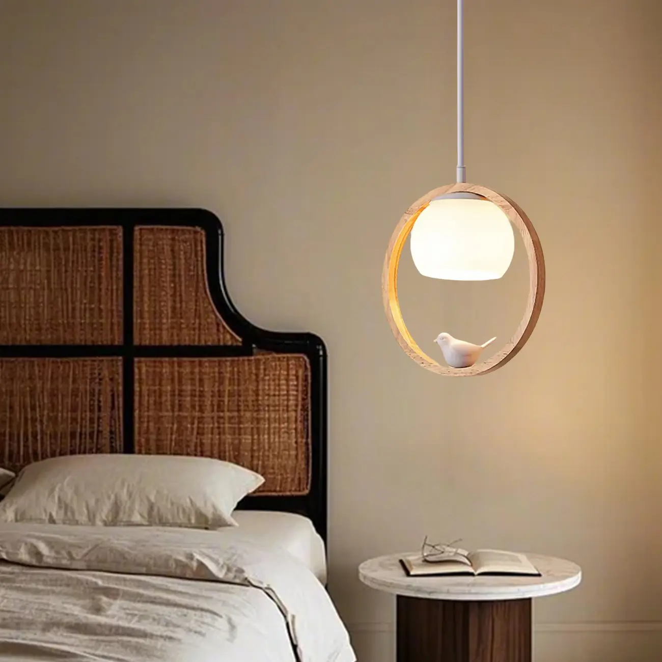 Designer Wooden Ring LED Pendant Light with Glass Shade for Home Decor Image - 1 | homeyfad