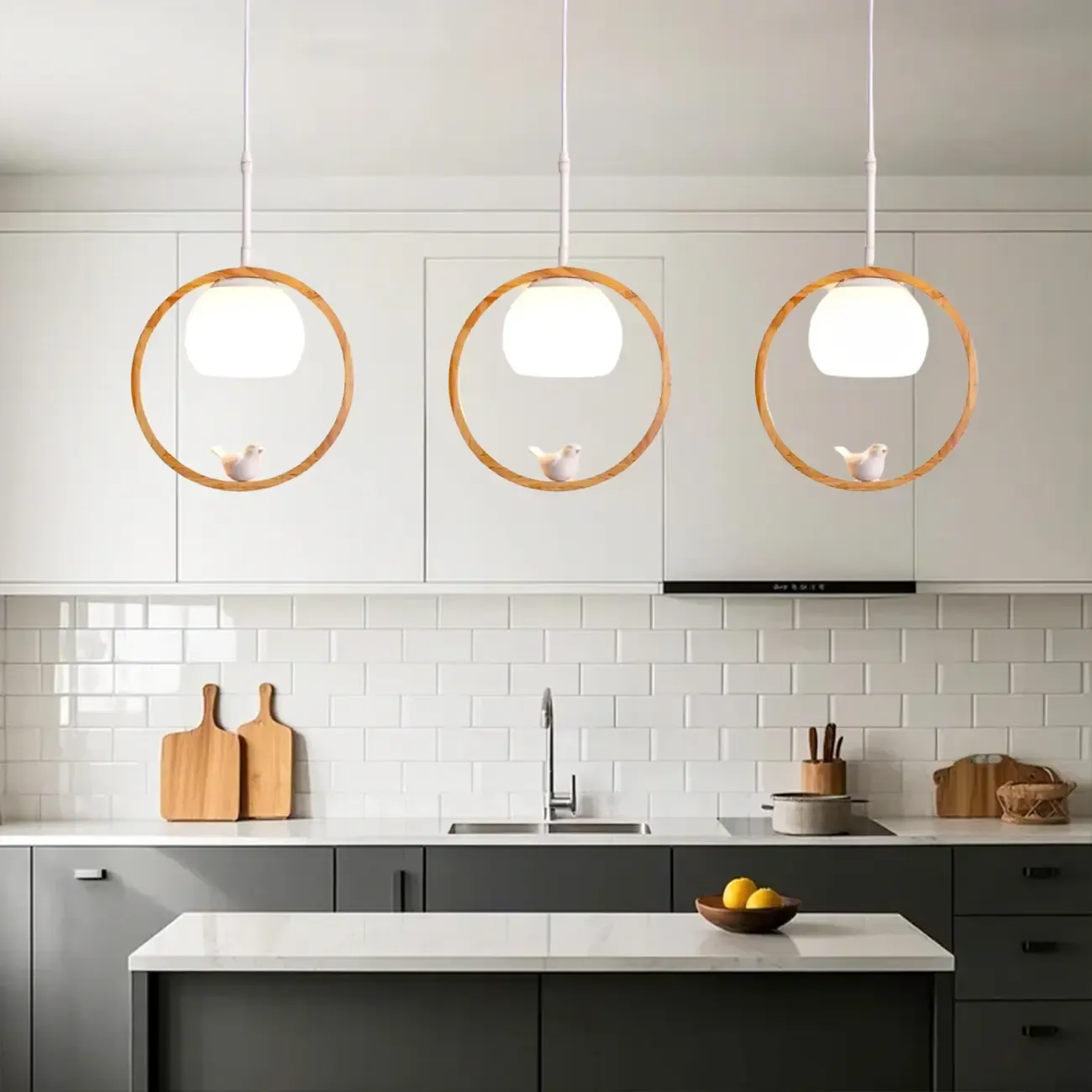 Designer Wooden Ring LED Pendant Light with Glass Shade for Home Decor Image - 3