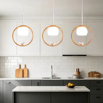 Designer Wooden Ring LED Pendant Light with Glass Shade for Home Decor Image - 3