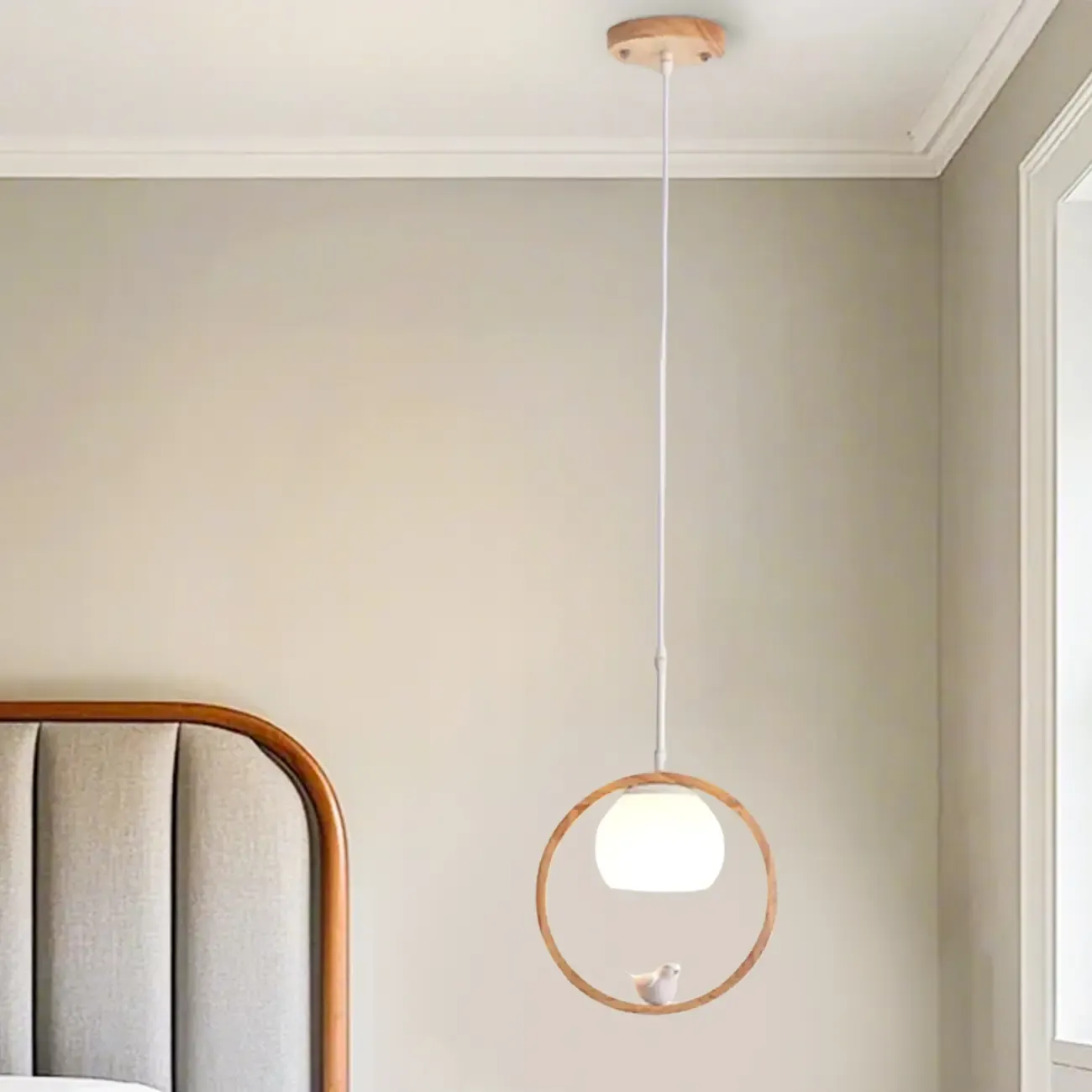 Designer Wooden Ring LED Pendant Light with Glass Shade for Home Decor Image - 10