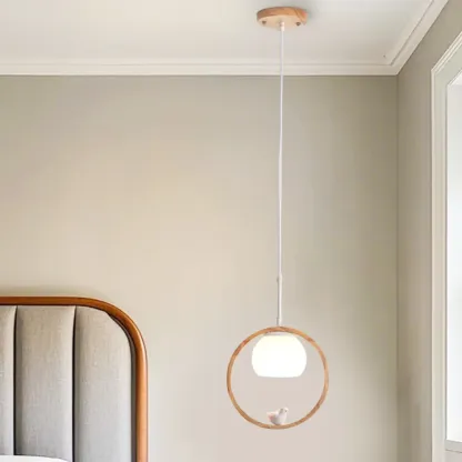 Designer Wooden Ring LED Pendant Light with Glass Shade for Home Decor Image - 10