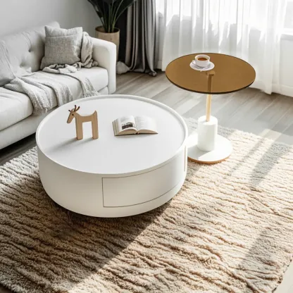 Cream Round Modern Wood Coffee Table with Storage Image - 1