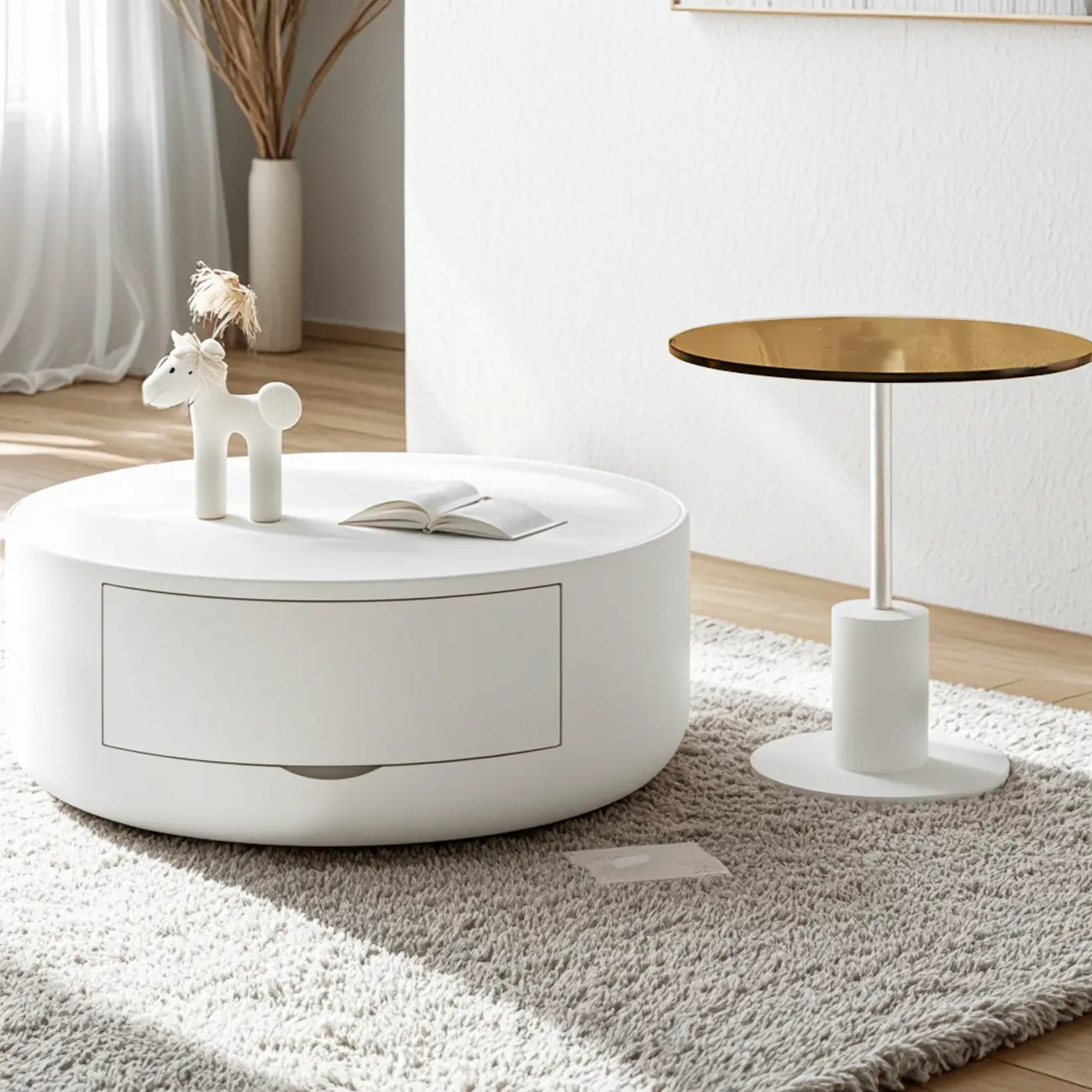 Cream Round Modern Wood Coffee Table with Storage Image - 2 | homeyfad
