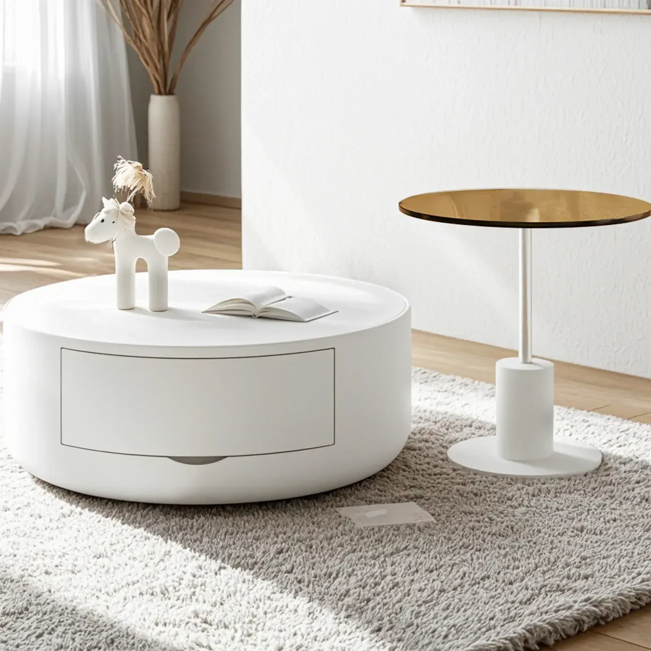 Cream Round Modern Wood Coffee Table with Storage Image - 2