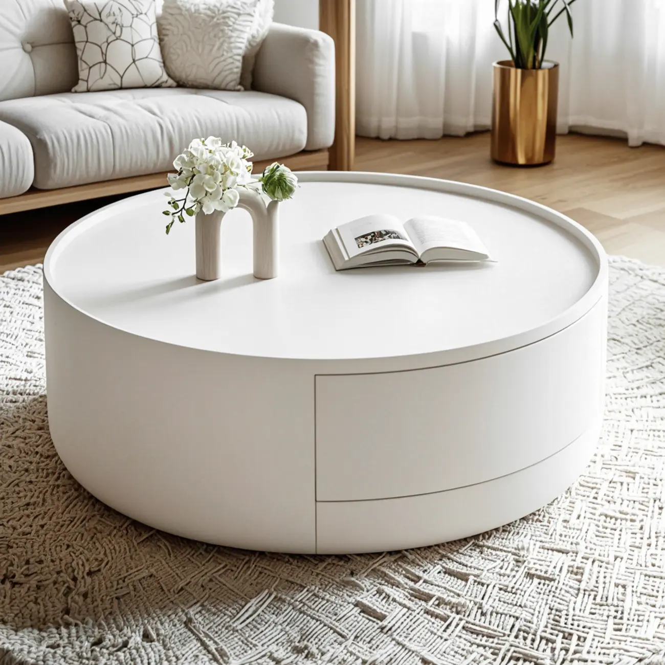 Cream Round Modern Wood Coffee Table with Storage Image - 3 | homeyfad